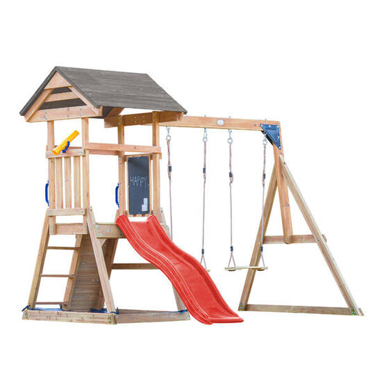 Aire de jeux avec balançoire double marron, Mia - toboggan rouge