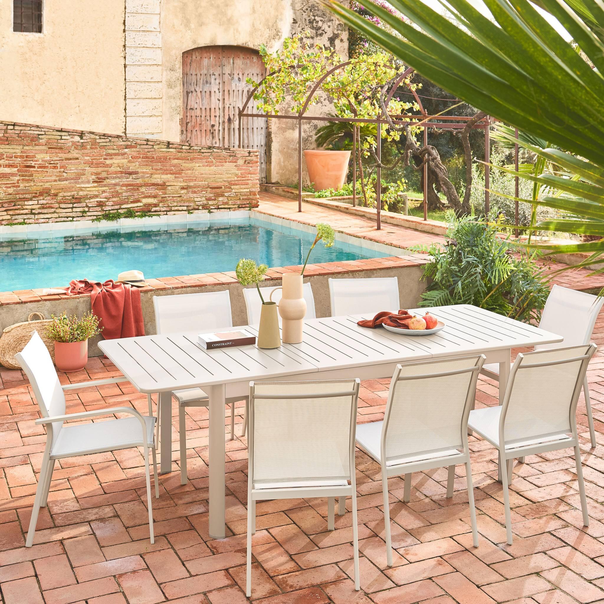 Silla de jardín apilable de aluminio y textilene, set de 2, Beige 7/7