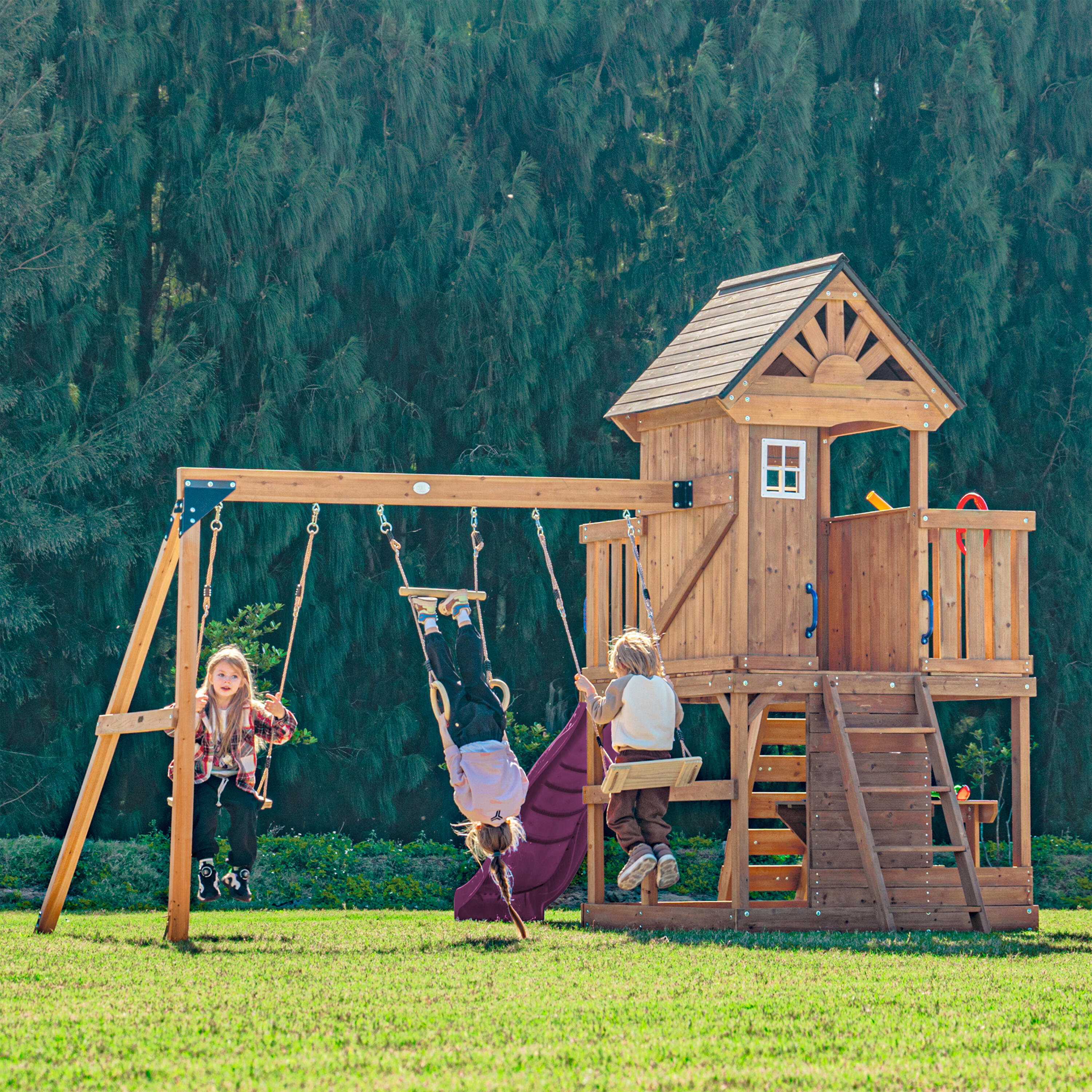 Parque Infantil Jack con columpio doble y trapecio marrón - tobogán violeta 4/7
