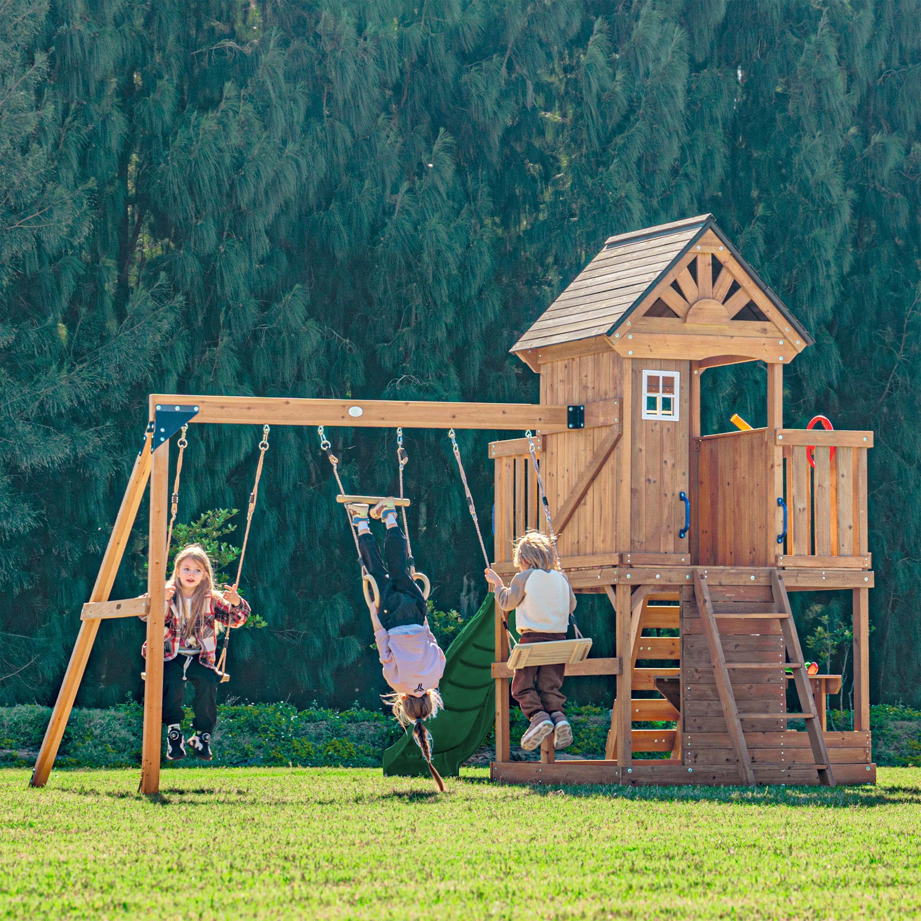 Parque Infantil Jack con columpio doble y trapecio marrón - tobogán verde 4/7
