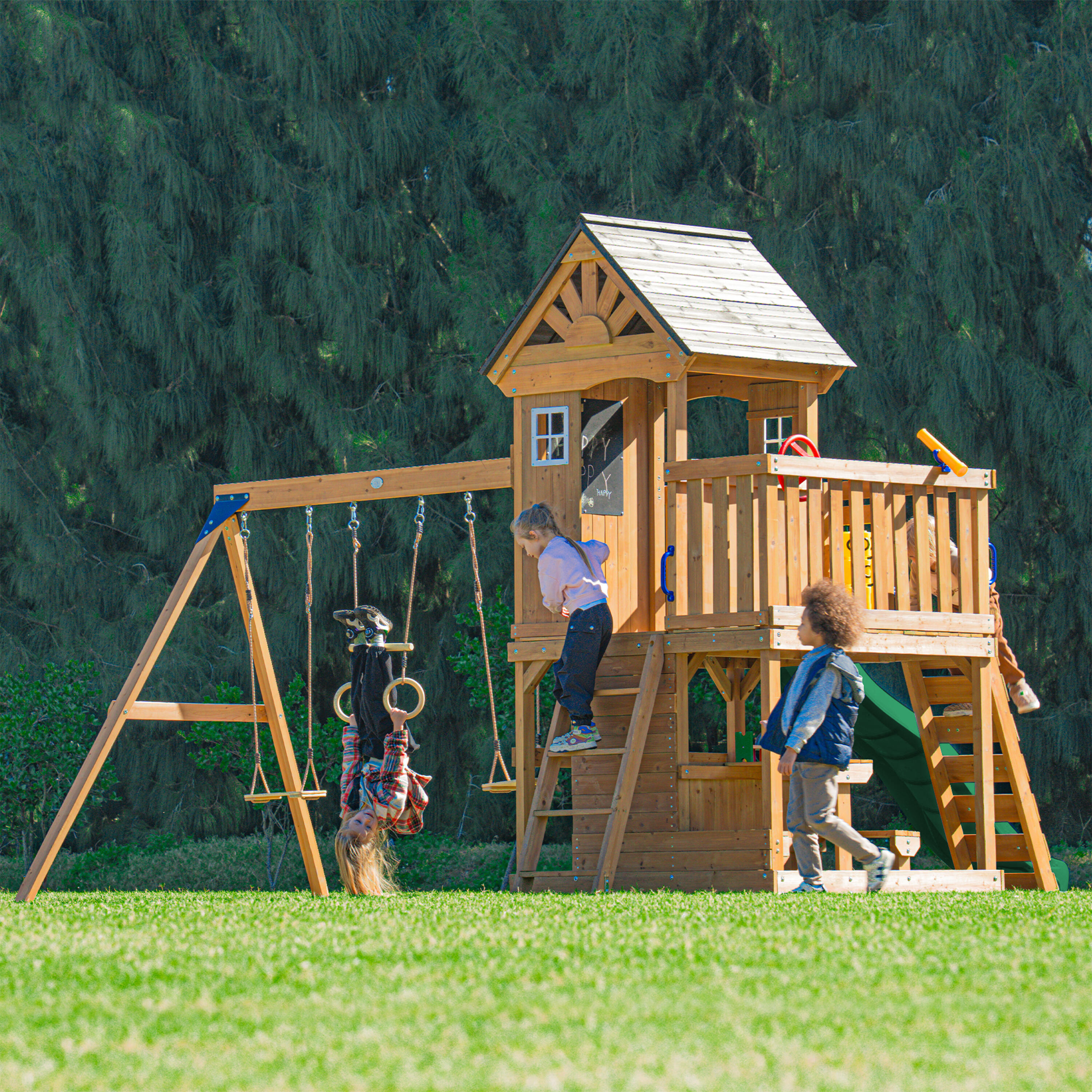 Parque Infantil Jack con columpio doble y trapecio marrón - tobogán verde 6/7