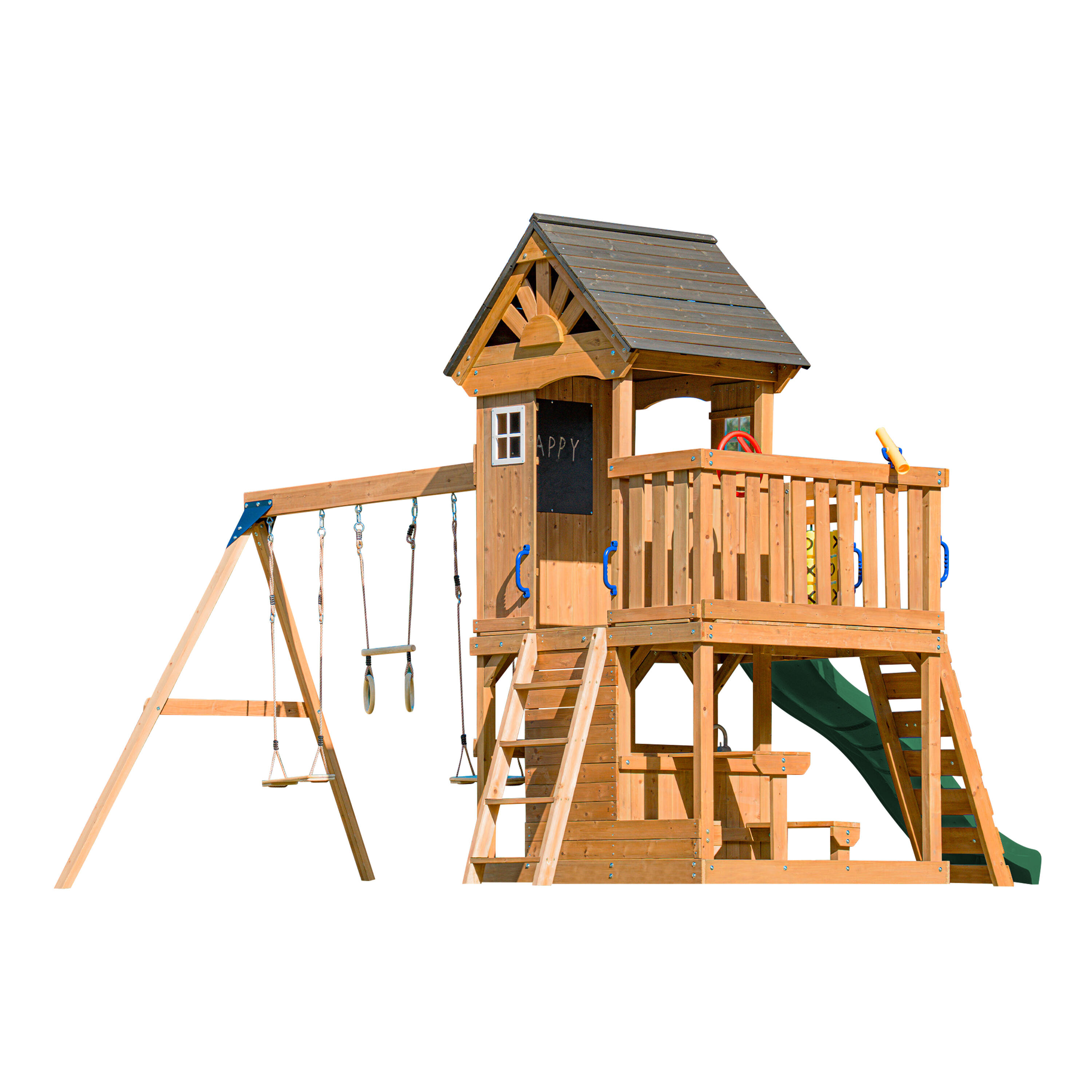 Parque Infantil Jack con columpio doble y trapecio marrón - tobogán verde 2/7