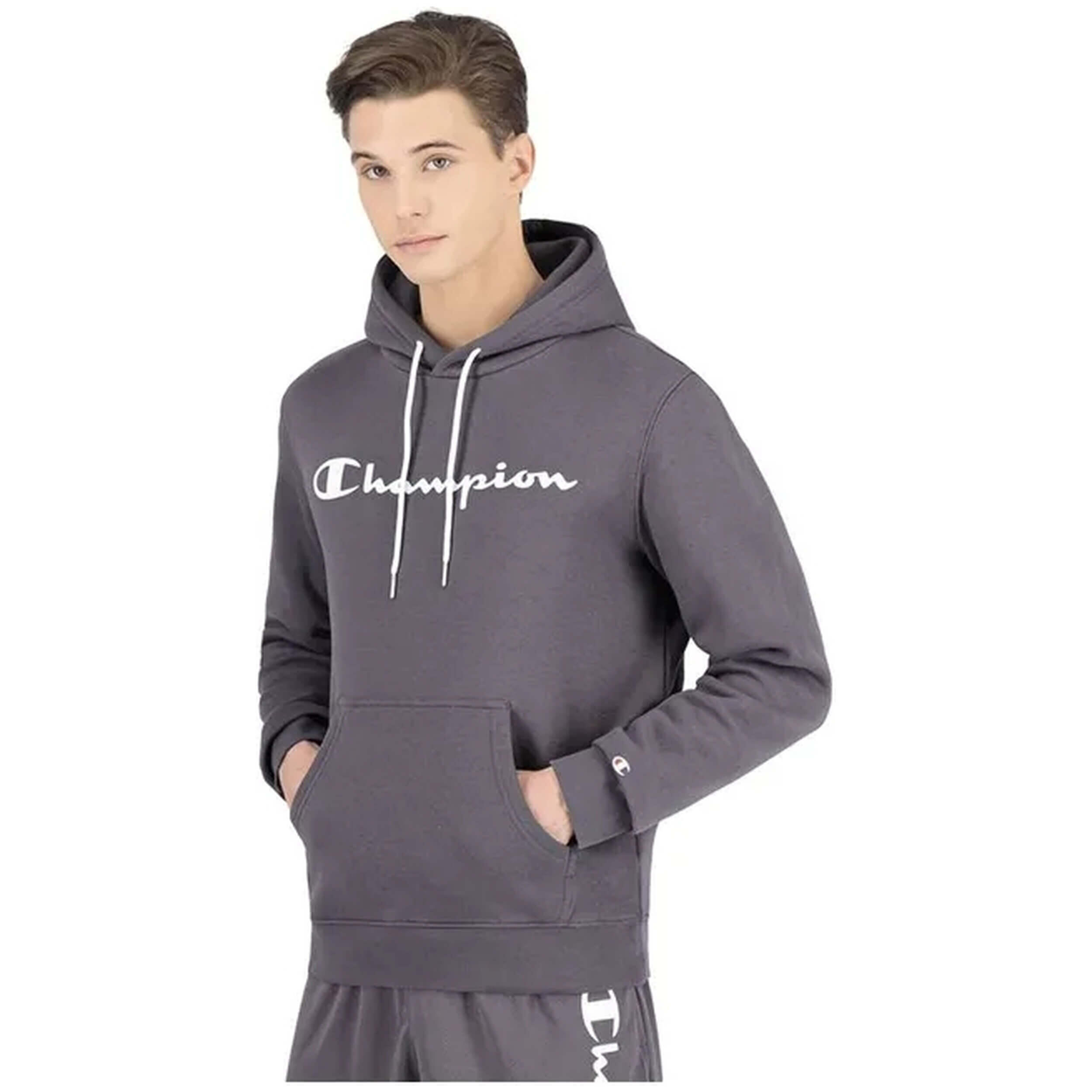 Felpa con Cappuccio Uomo Champion Script Logo Print Grigio scuro 3/5