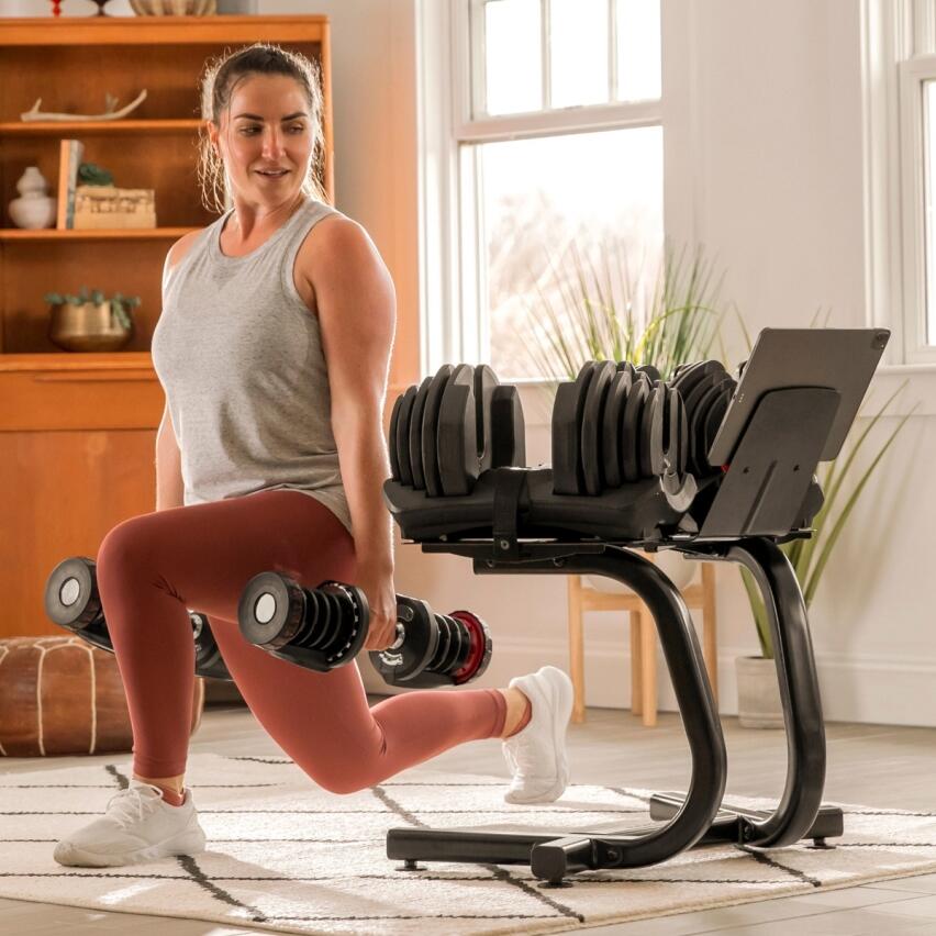 Soporte de mancuernas con rack de entretenimiento- Compatible tablet/smartphone 2/5