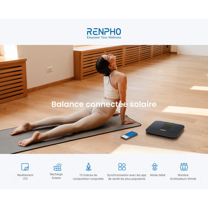 Balance connectée RENPHO Elis Solar 2 A020 - Bluetooth - Recharge solaire