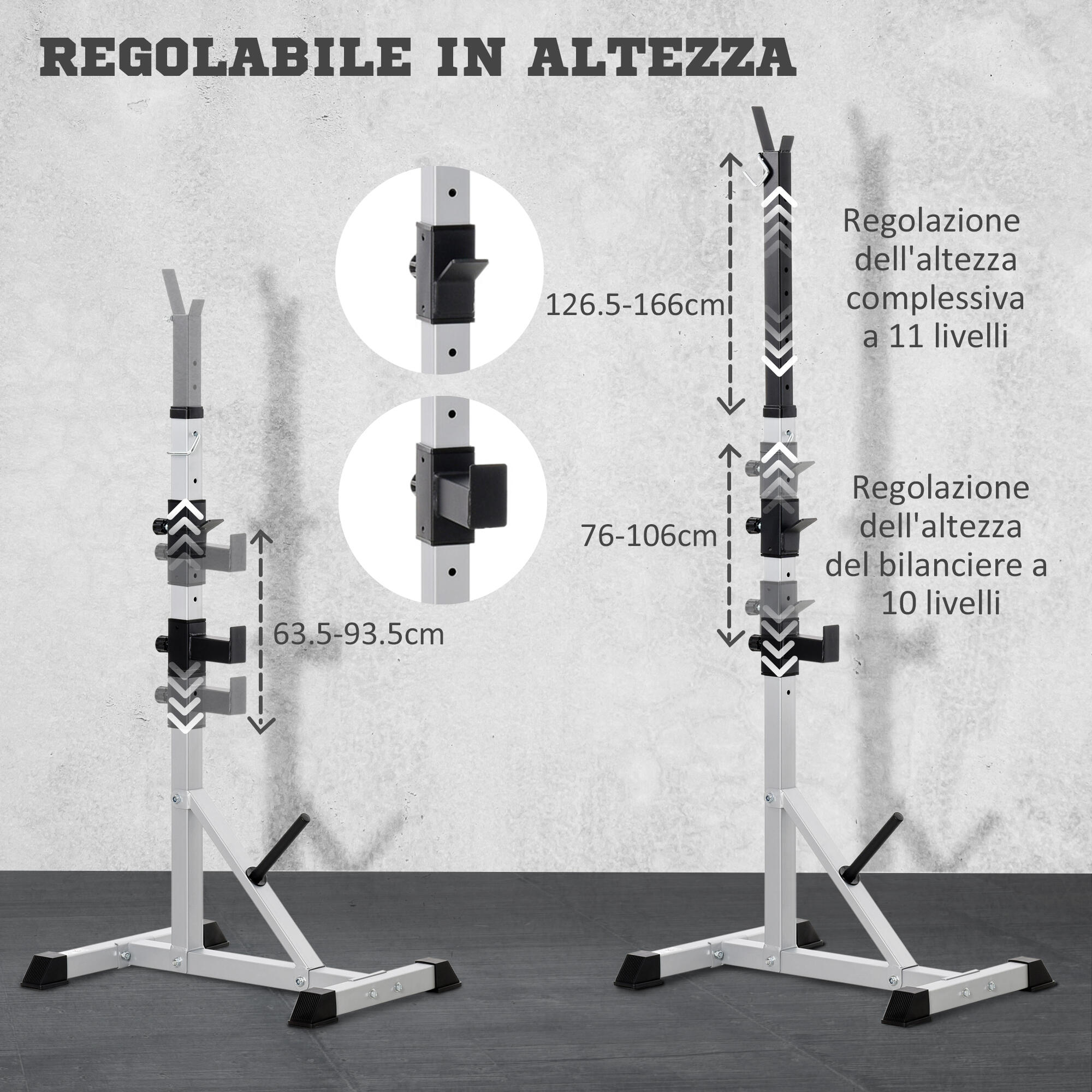 HOMCOM Set 2 Supporti Bilanciere in Acciaio con 3 Ganci e Altezza Regolabile 5/7