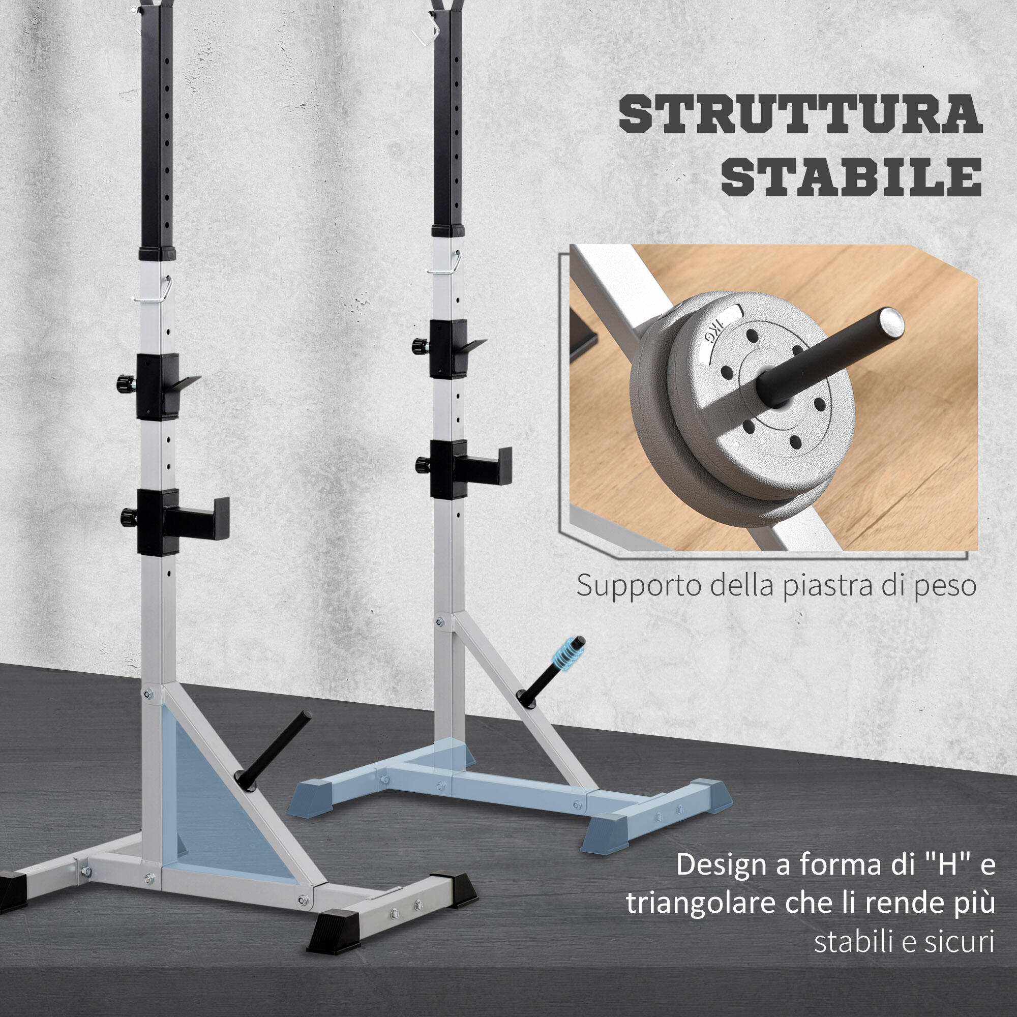 HOMCOM Set 2 Supporti Bilanciere in Acciaio con 3 Ganci e Altezza Regolabile 4/7