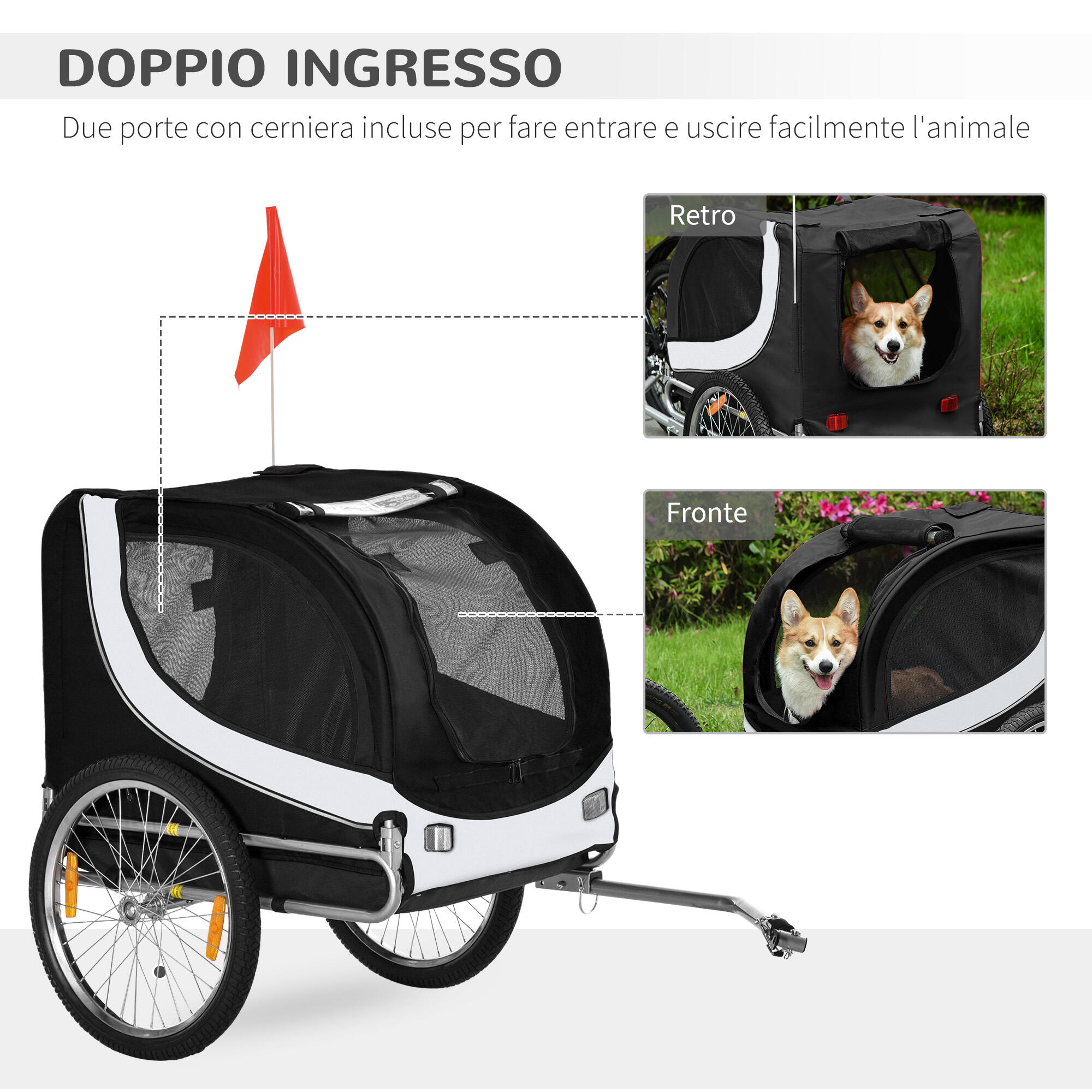 PawHut Rimorchio Bici per Cani Taglia Media con Finestre Laterali e Bandierina 4/7