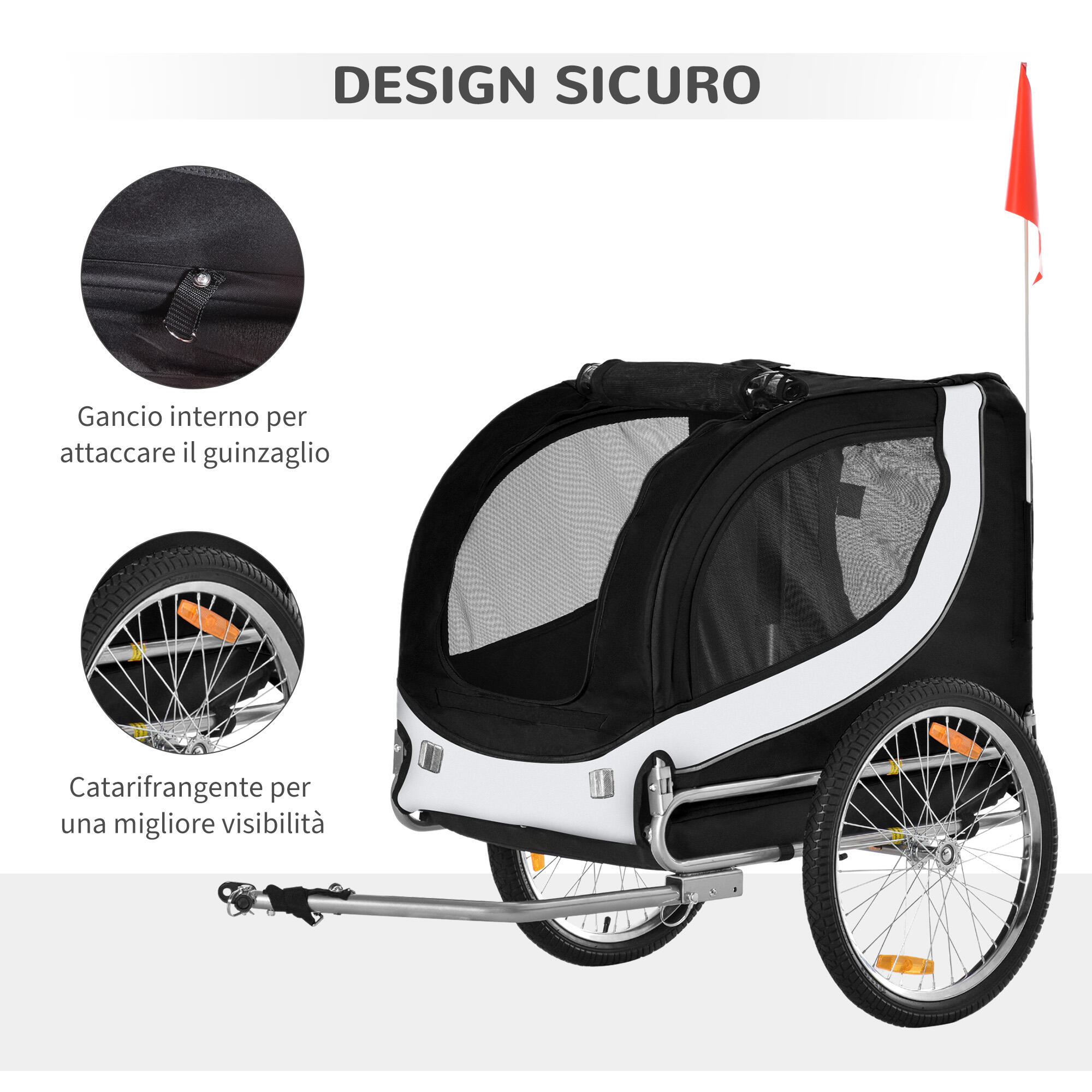 PawHut Rimorchio Bici per Cani Taglia Media con Finestre Laterali e Bandierina 7/7