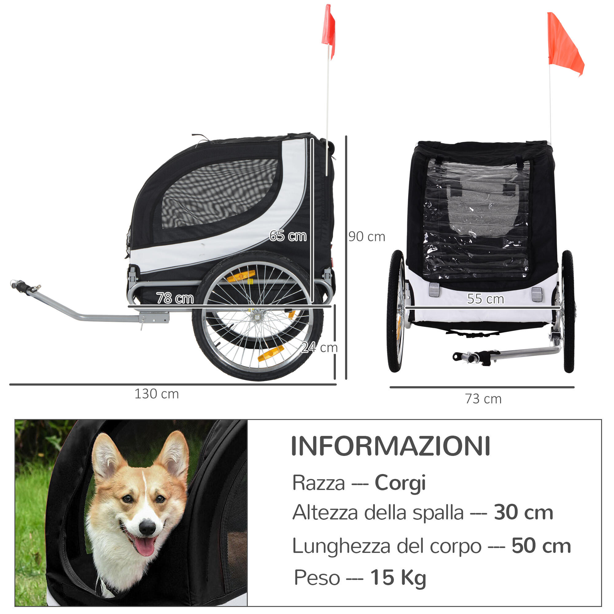 PawHut Rimorchio Bici per Cani Taglia Media con Finestre Laterali e Bandierina 3/7