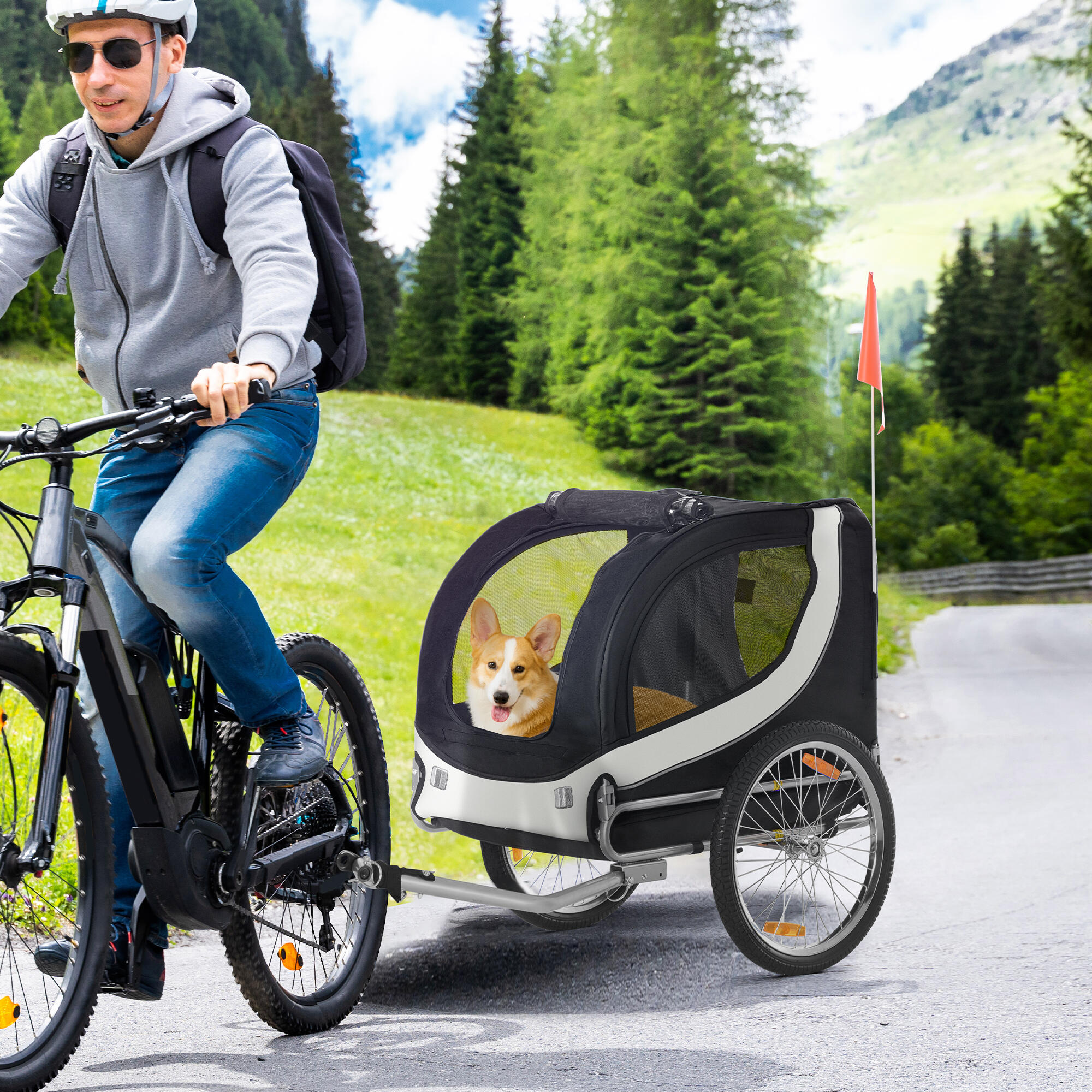 PawHut Rimorchio Bici per Cani Taglia Media con Finestre Laterali e Bandierina 2/7