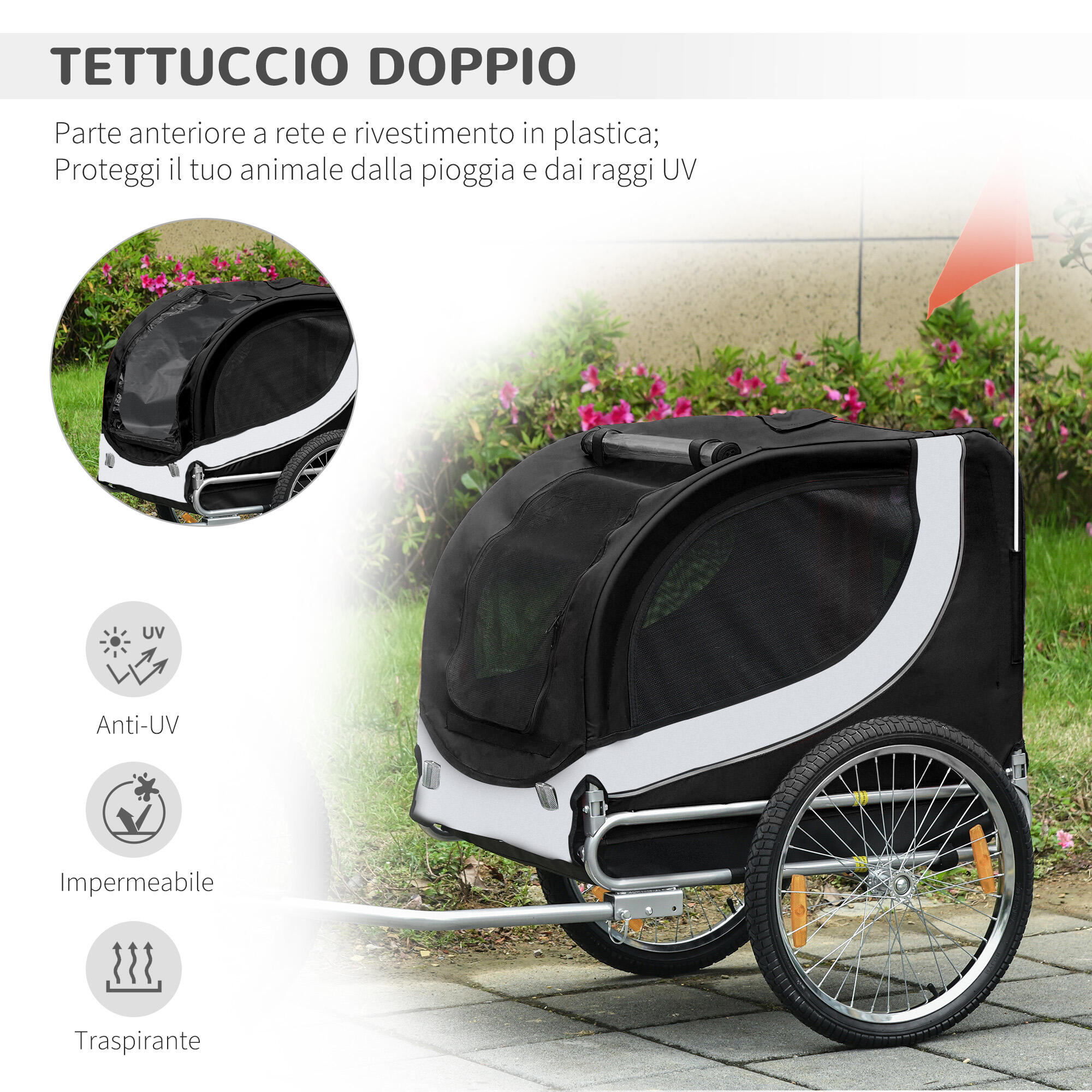 PawHut Rimorchio Bici per Cani Taglia Media con Finestre Laterali e Bandierina 5/7