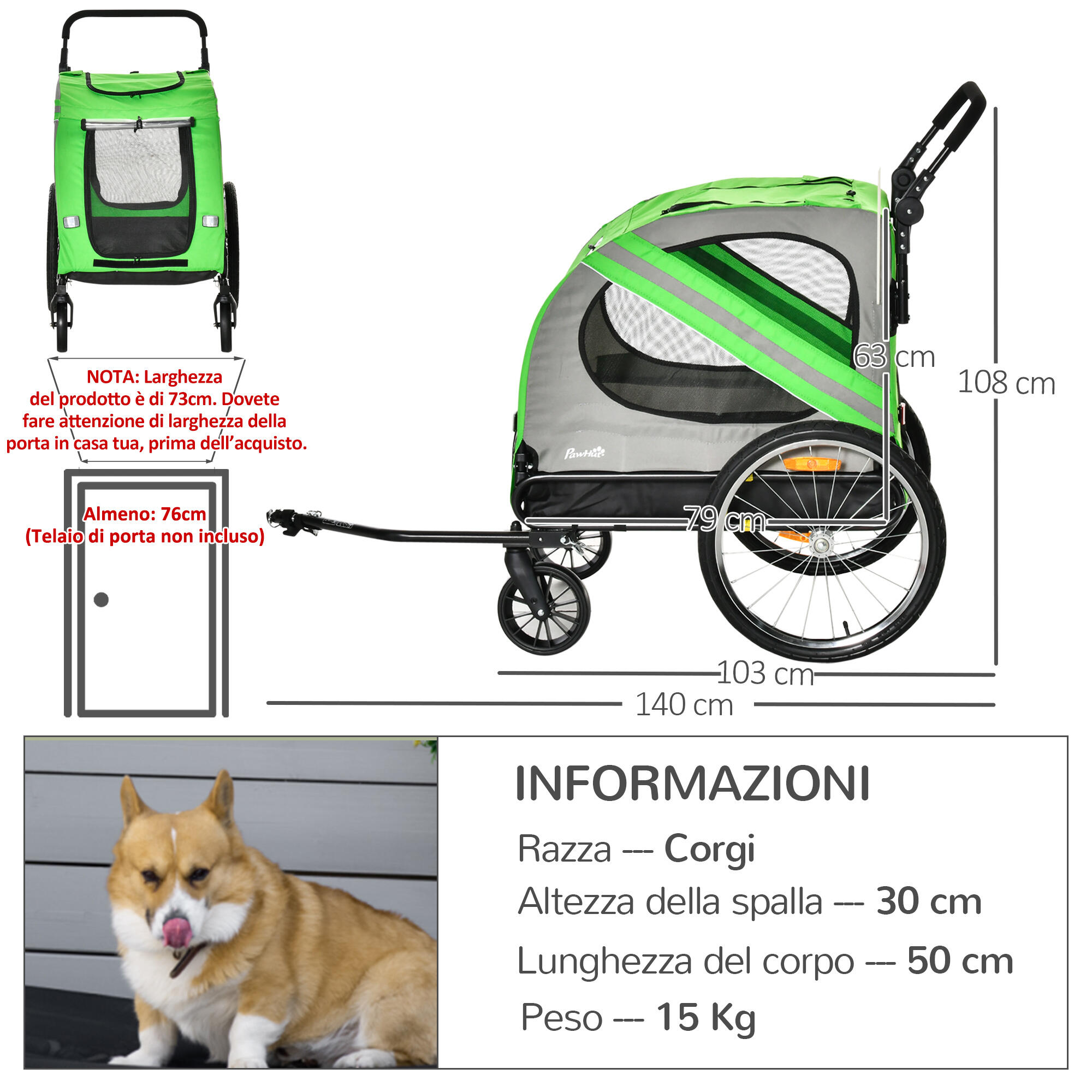 PawHut Rimorchio Bici e Passeggino per Cani 2in1 Acciaio e Tessuto Oxford Verde 3/7