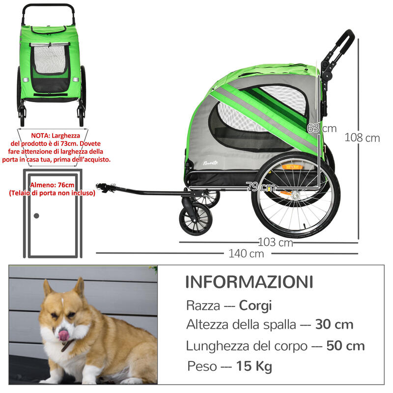 PAWHUT Remorcă pentru Biciclete Și Cărucior 2 În 1 Oțel Și Material Oxford Verde
