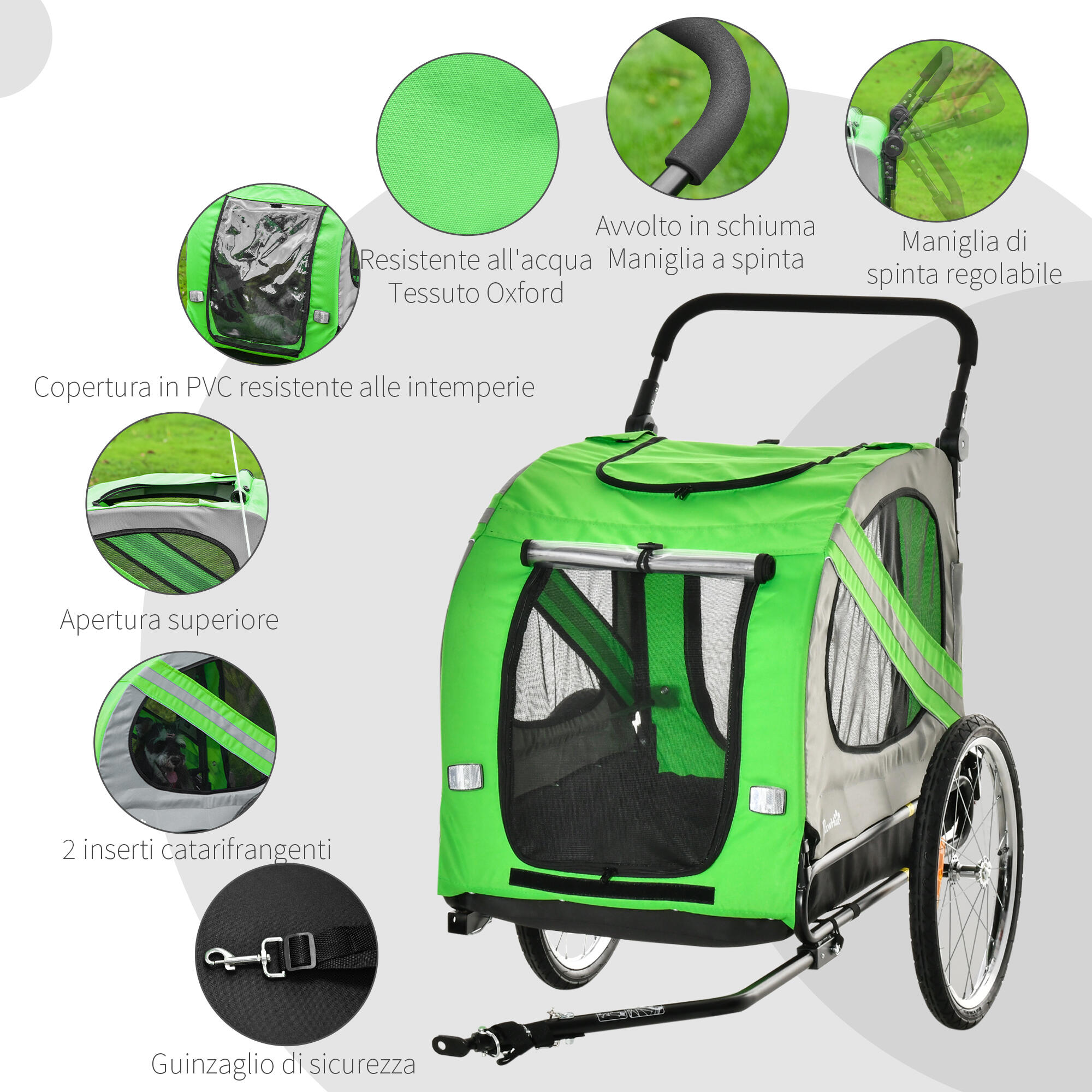 PawHut Rimorchio Bici e Passeggino per Cani 2in1 Acciaio e Tessuto Oxford Verde 6/7