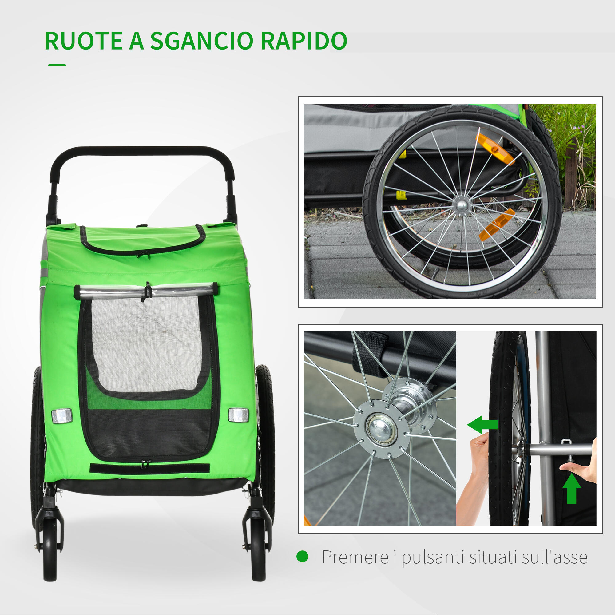 PawHut Rimorchio Bici e Passeggino per Cani 2in1 Acciaio e Tessuto Oxford Verde 7/7