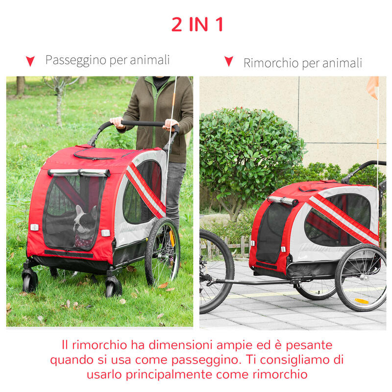 PAWHUT Remorcă Și Cărucior pentru Câini 2 În 1 cu Roți Pivotante Și Steag Roșu
