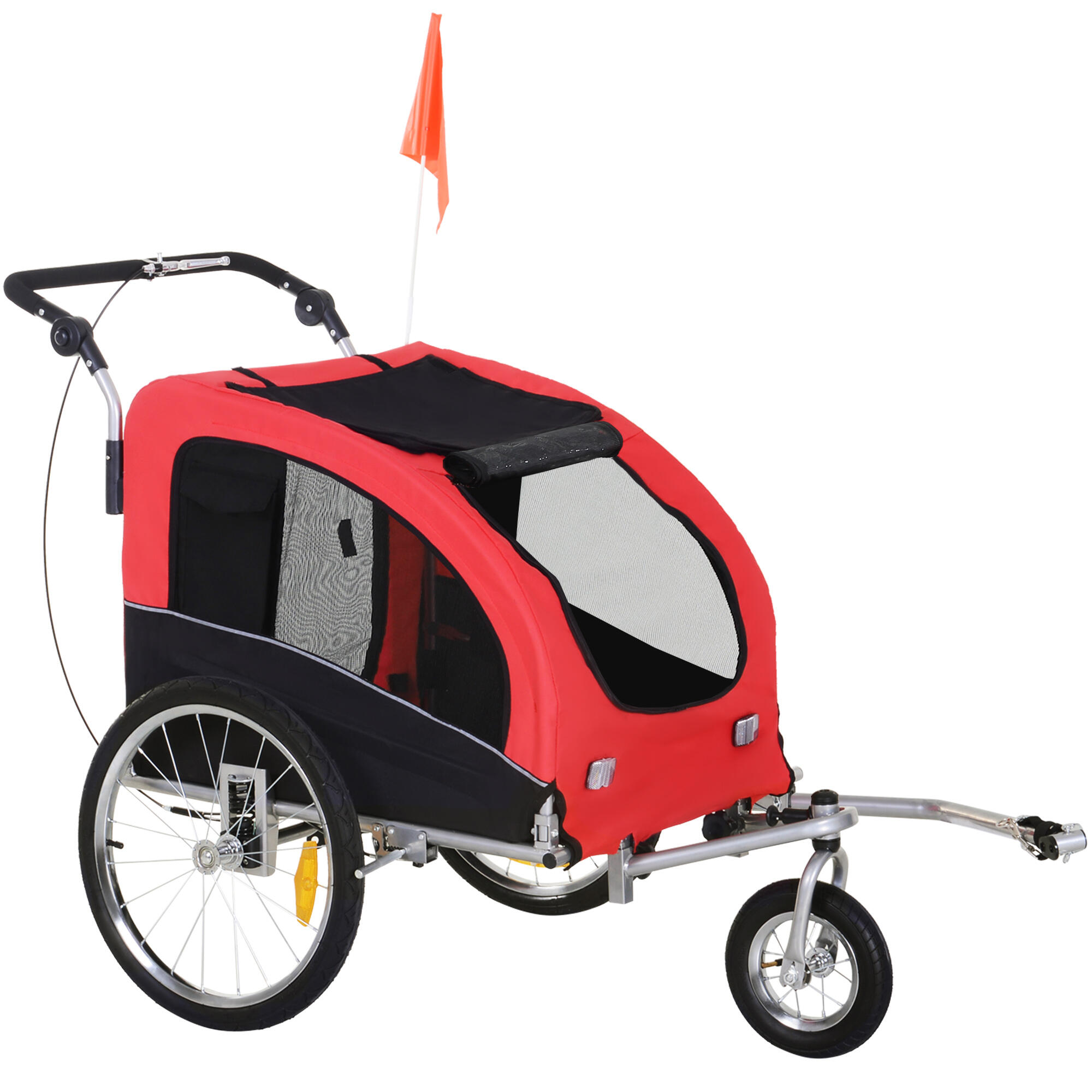 PAWHUT PawHut Rimorchio Bici per Cani a 2 Ingressi con Finestre e Tettuccio Rosso