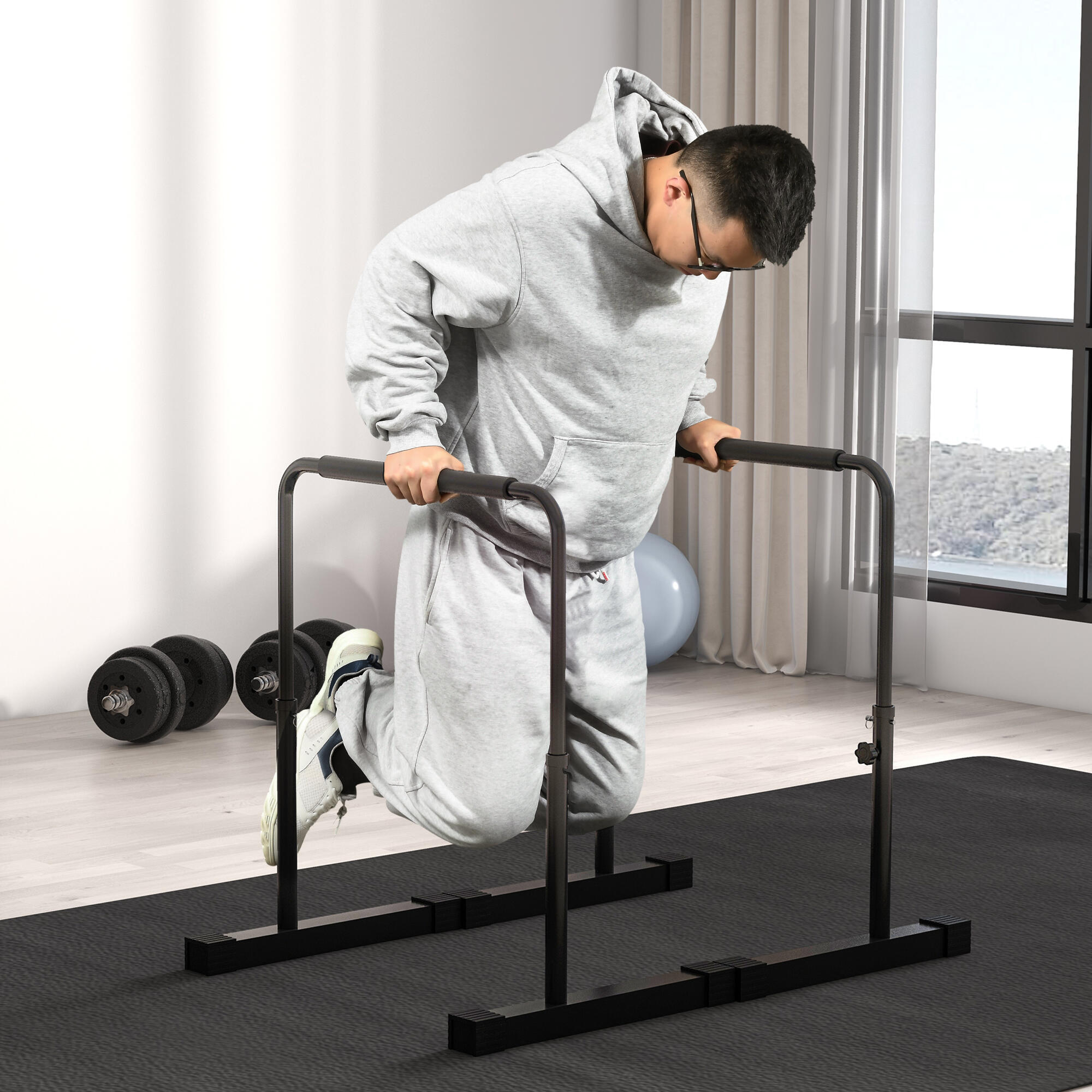 SPORTNOW Set 2 Barre per Dip ad Altezza Regolabile in Acciaio Nero 2/8