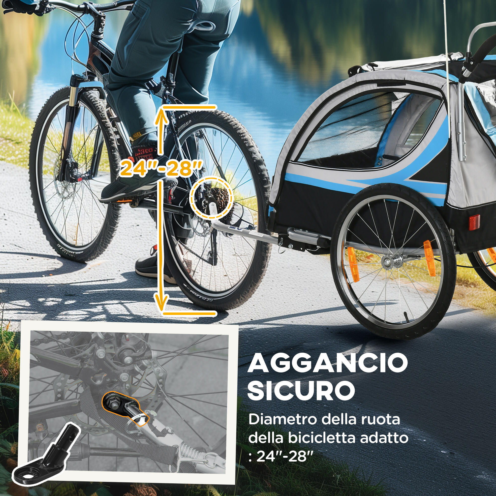 HOMCOM Rimorchio Bici Bambini e Passeggino 2 in 1 con Tasche e Bandierina Blu 7/8