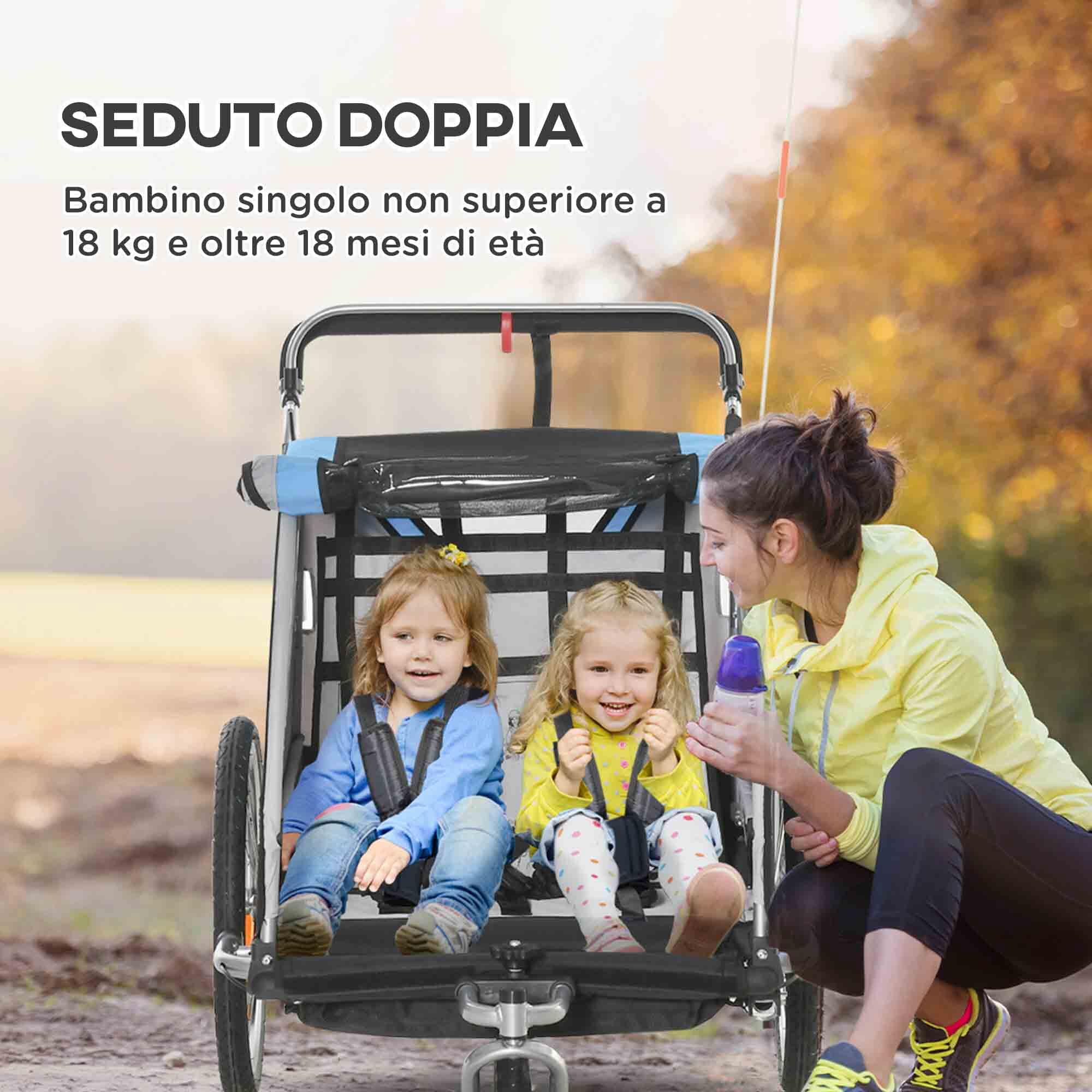 HOMCOM Rimorchio Bici Bambini e Passeggino 2 in 1 con Tasche e Bandierina Blu 5/8