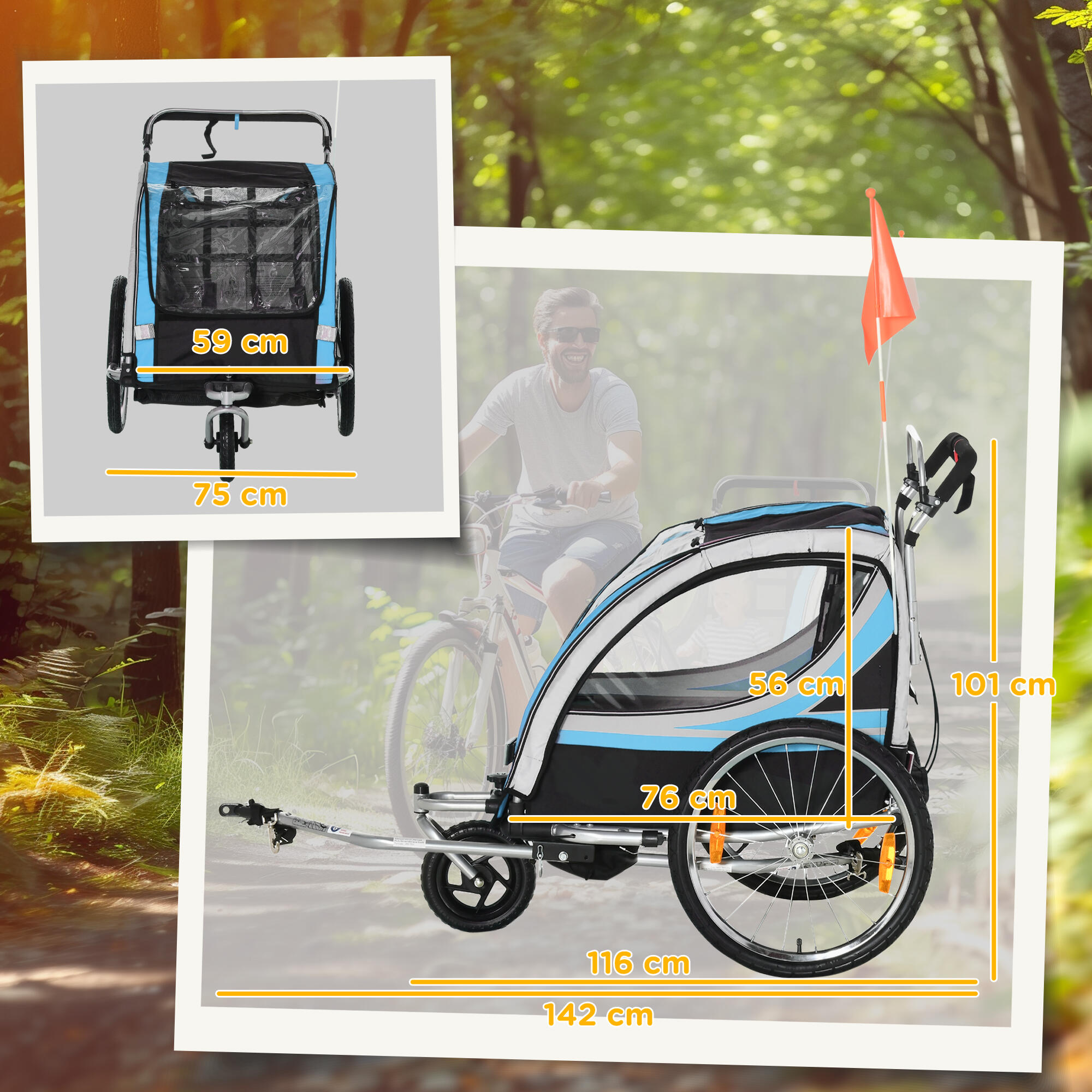 HOMCOM Rimorchio Bici Bambini e Passeggino 2 in 1 con Tasche e Bandierina Blu 3/8