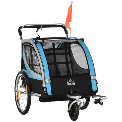 HOMCOM Rimorchio Bici Bambini e Passeggino 2 in 1 con Tasche e Bandierina Blu