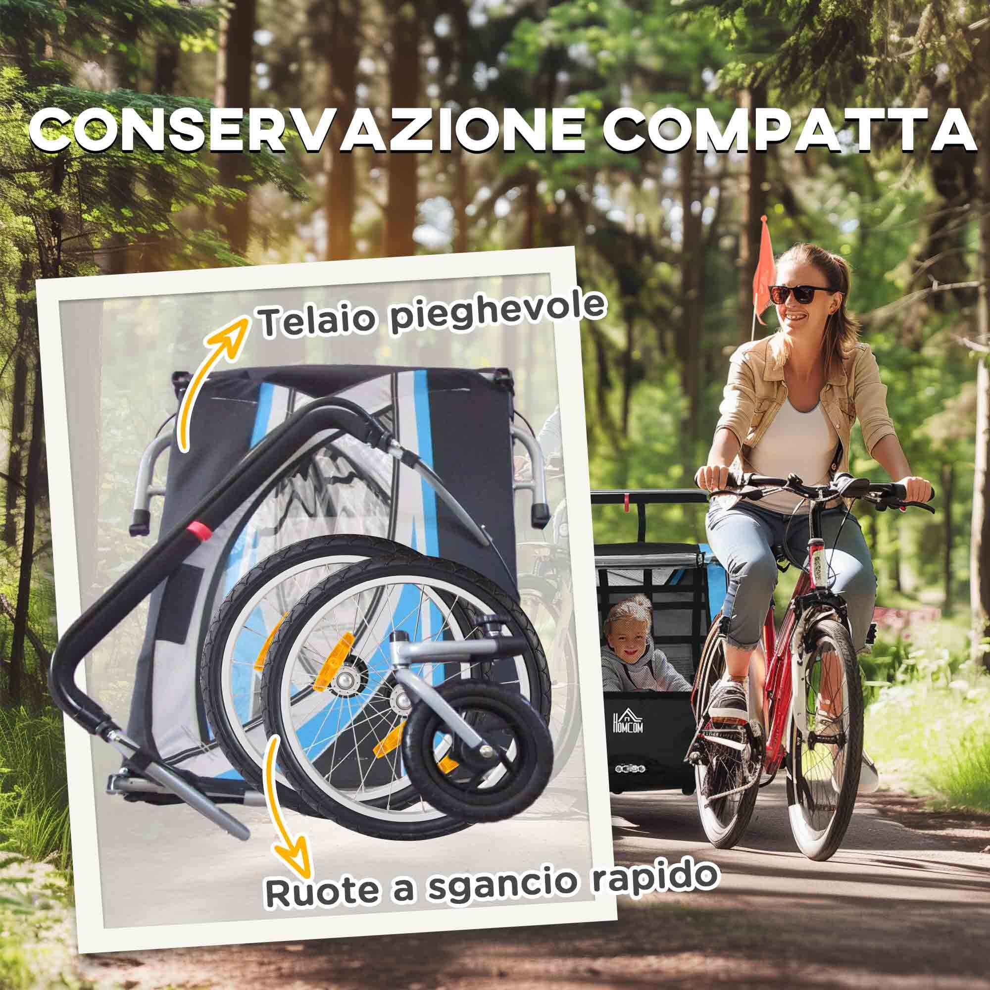HOMCOM Rimorchio Bici Bambini e Passeggino 2 in 1 con Tasche e Bandierina Blu 6/8