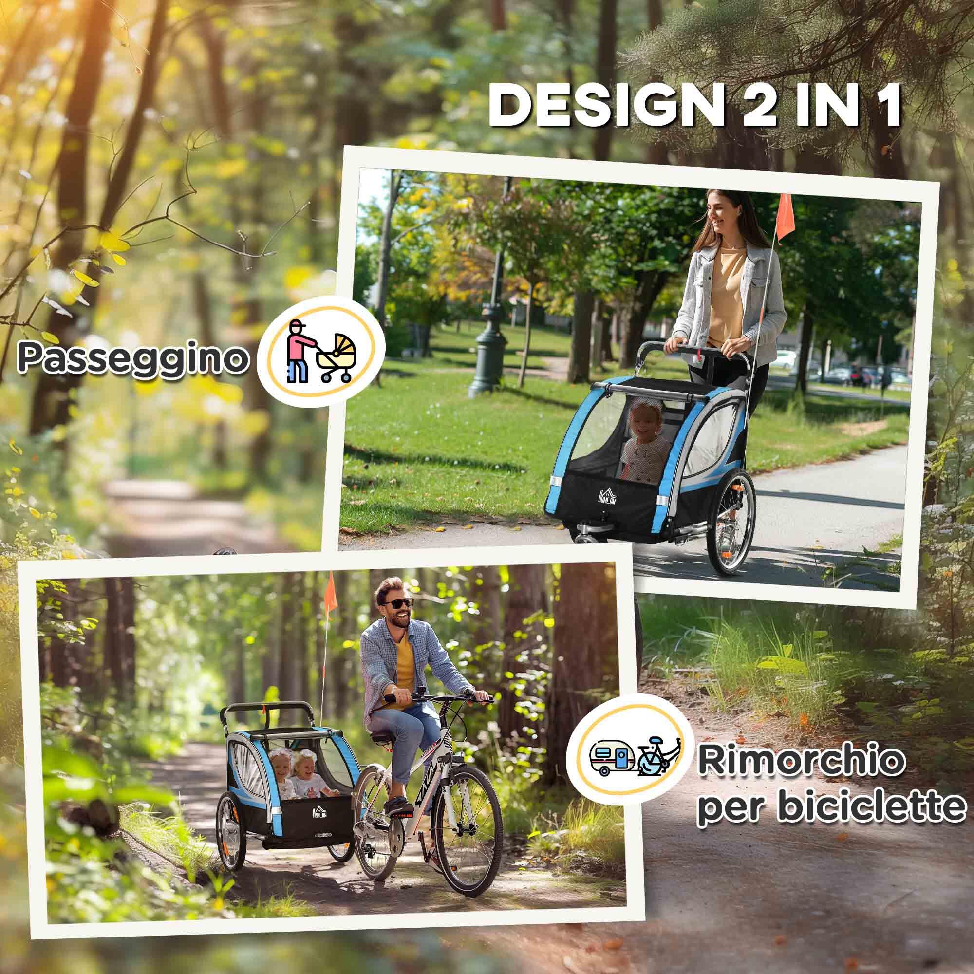 HOMCOM Rimorchio Bici Bambini e Passeggino 2 in 1 con Tasche e Bandierina Blu 4/8