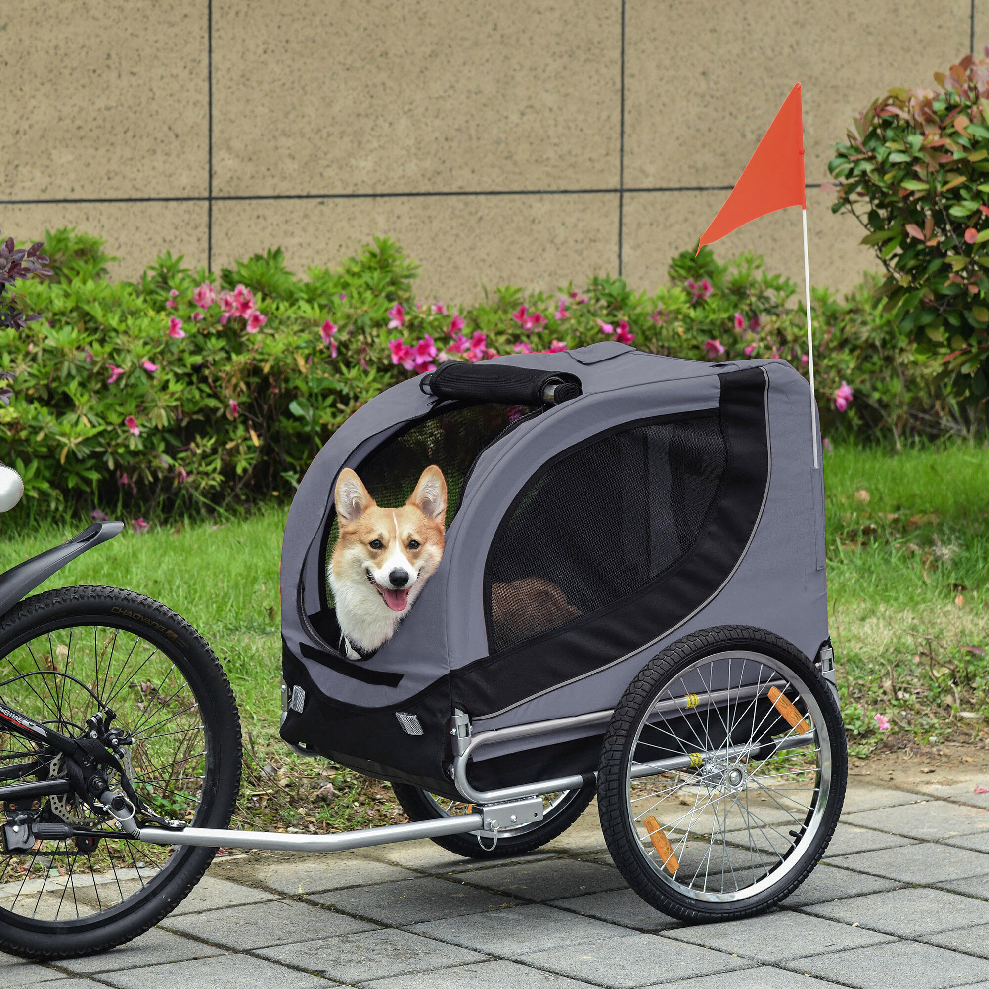 PawHut Rimorchio Bici per Cani Taglia Media con Finestre Laterali e Bandierina 2/8