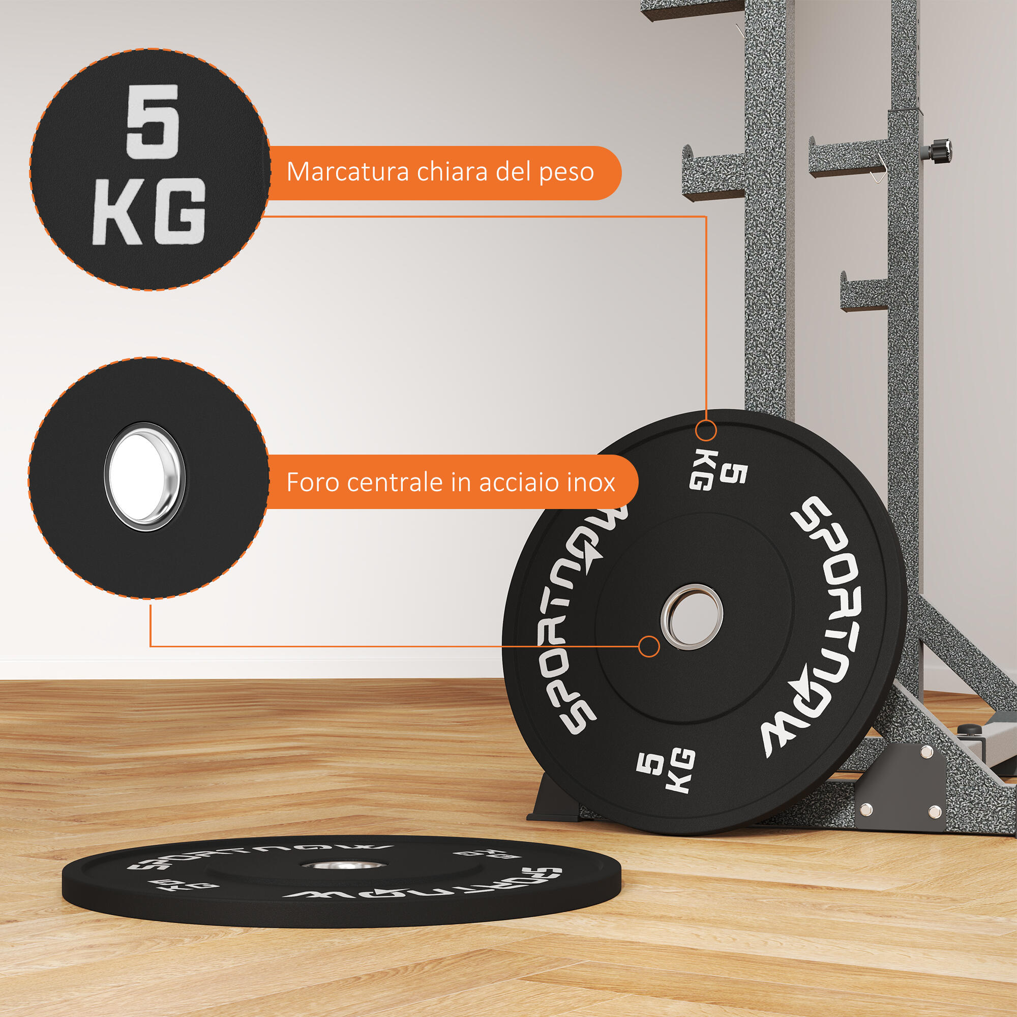 SPORTNOW Set 2 Dischi Pesi 5 kg in Gomma con Foro 5 cm per Manubri e Bilancieri 6/7