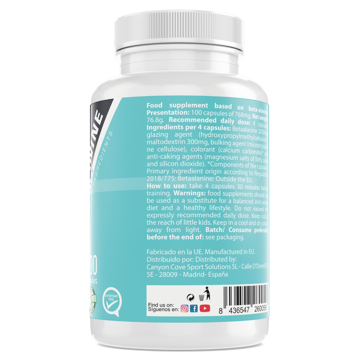 Beta-Alanina 500mg-100 cápsulas vegetales 3/4