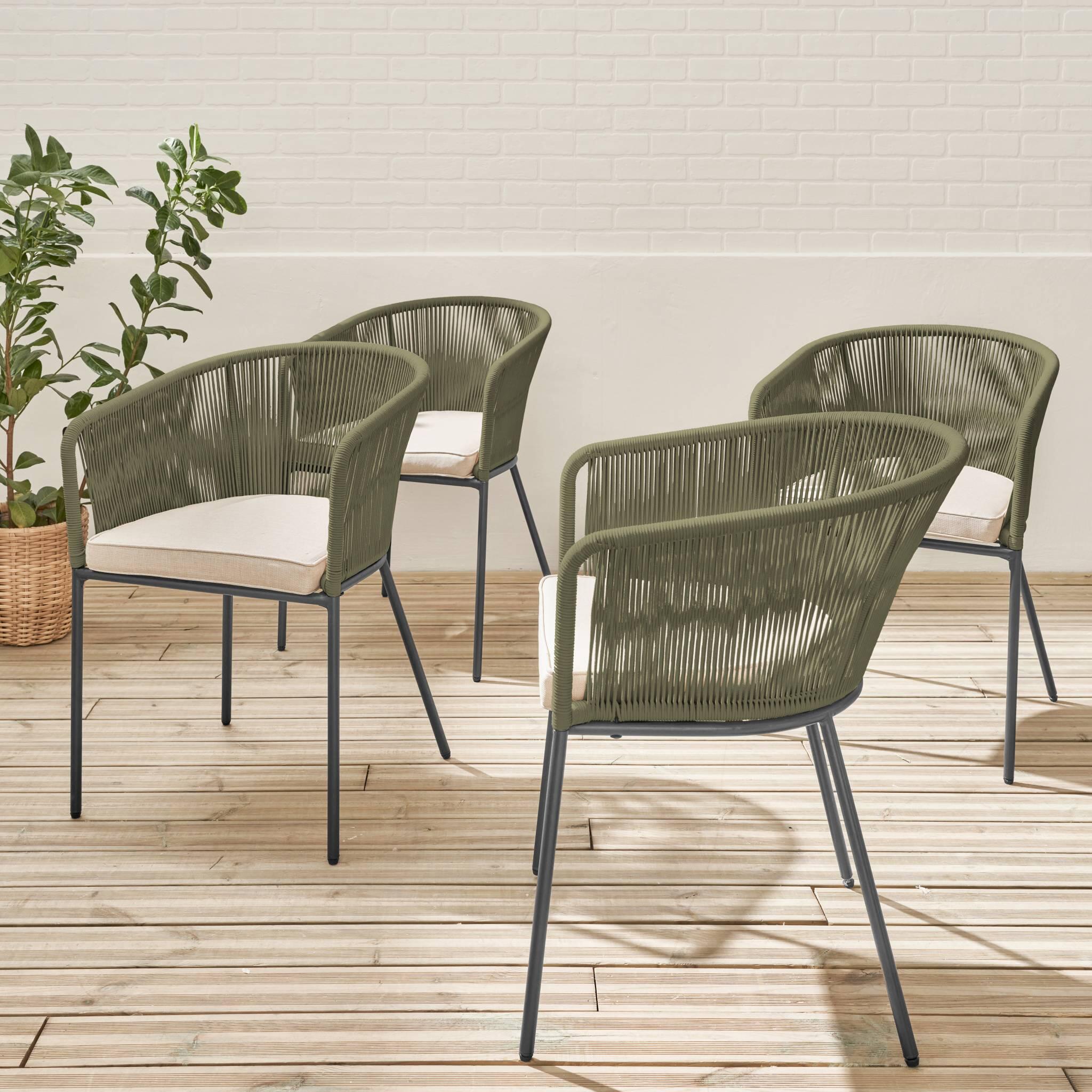 Sillón de jardín de cuerda y acero galvanizado, set de 4, Verde kaki 2/6
