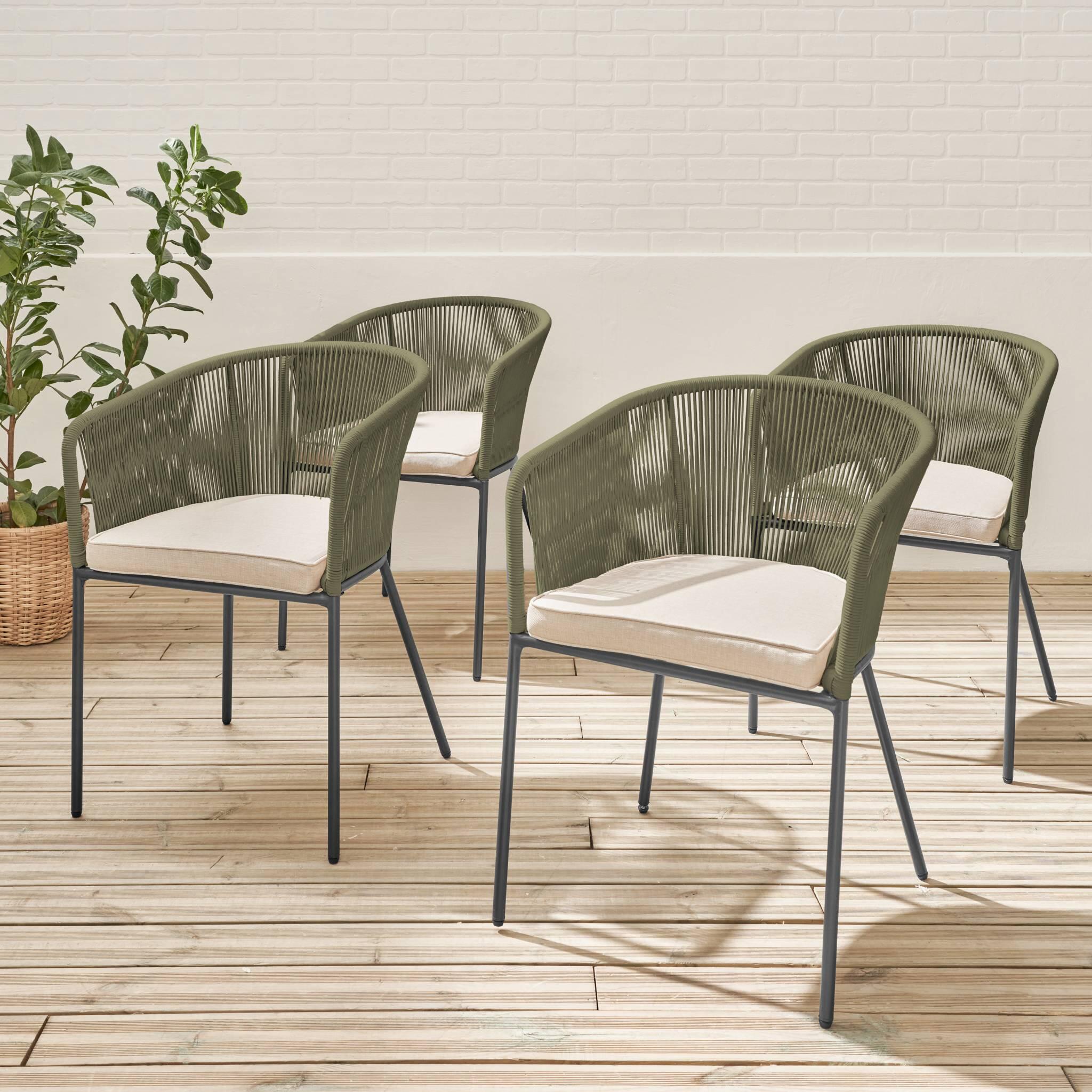 Sillón de jardín de cuerda y acero galvanizado, set de 4, Verde kaki 3/6