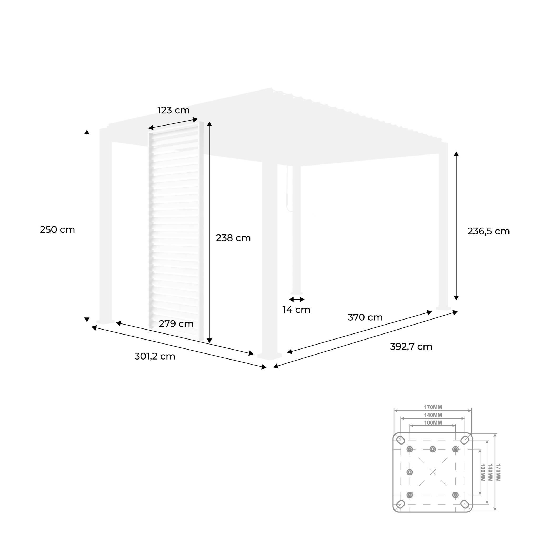 Pérgola bioclimática de aluminio 3x4m + 3 persianas de 130cm, Antracita 4/6