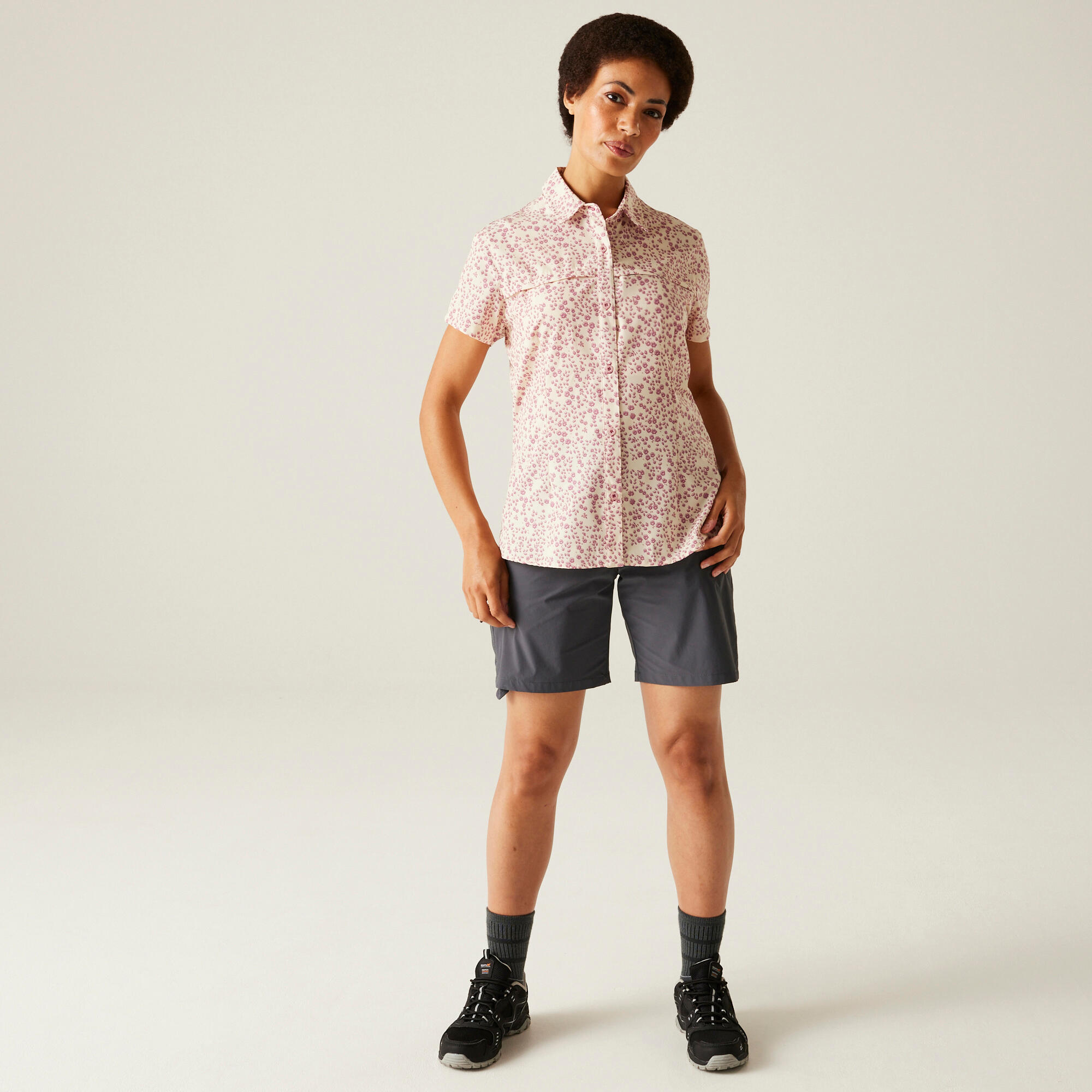 T-shirt Korte Mouwen Hiking Dames Korte Mouwen Button-up Front 3/6
