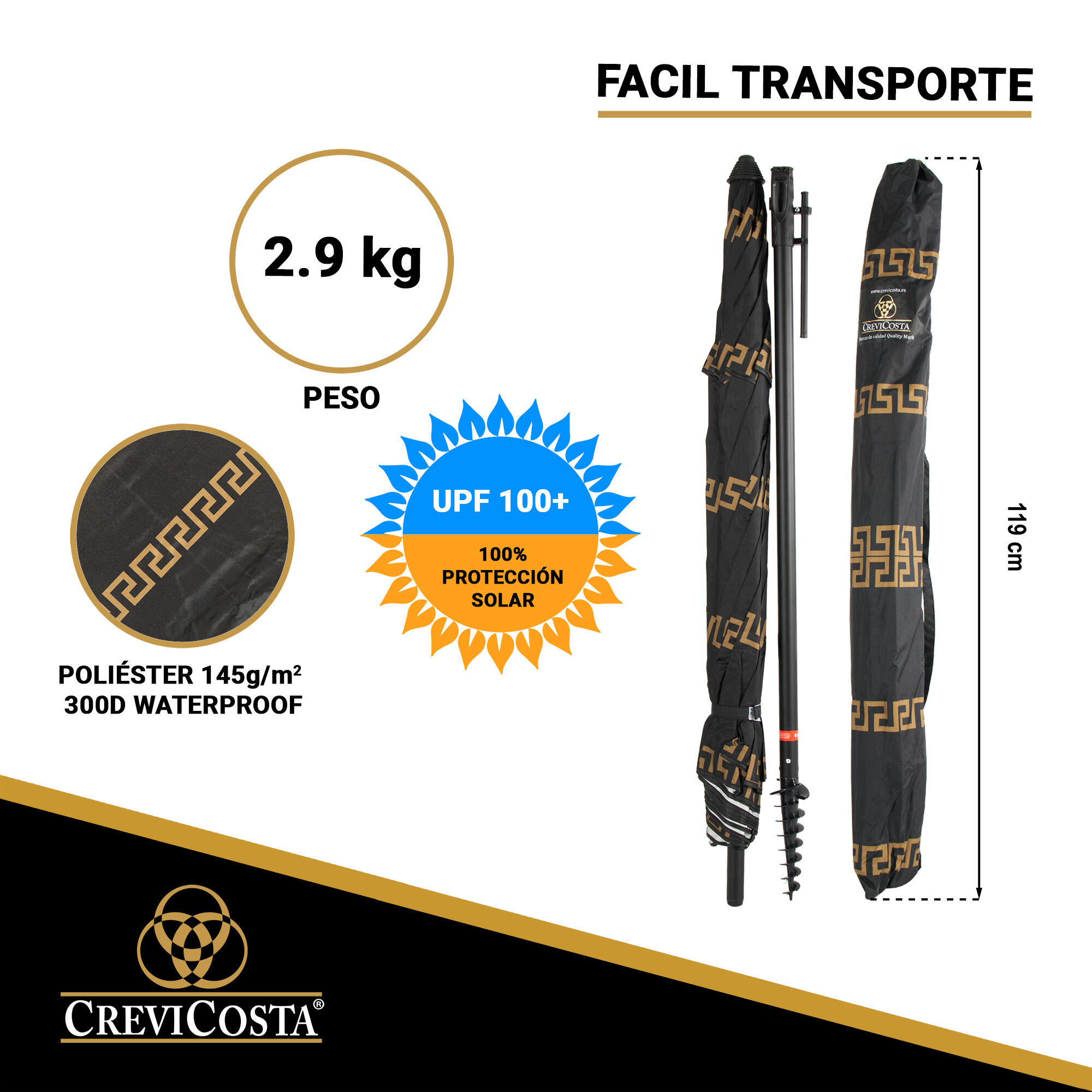 Sombrilla Playa 220 cm/8 Varillas - CREVICOSTA Olimpia Negro 6/7