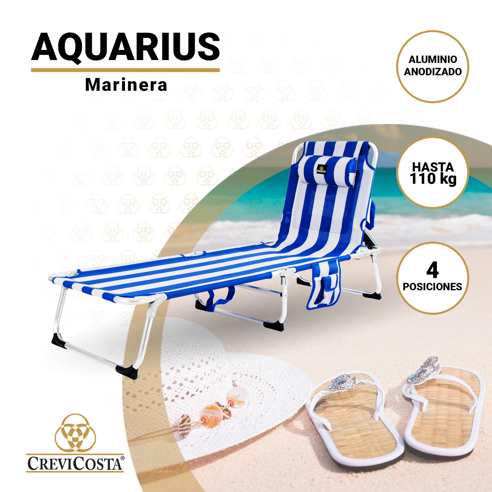 Tumbona de Playa 185x57x27 Aquarius - CREVICOSTA. Marinera 2/7