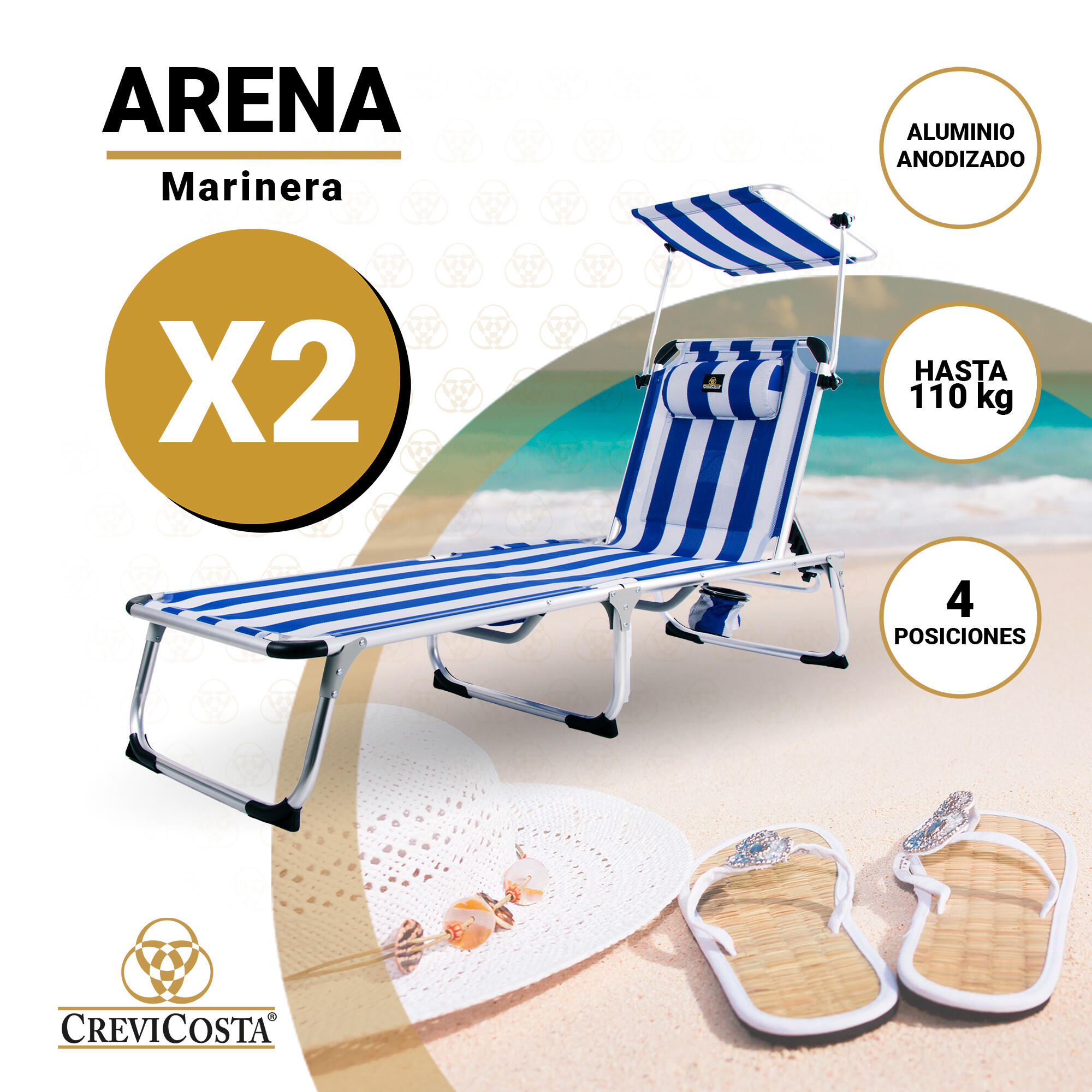 Lote de 2 Tumbonas de Playa 190x60x31 Arena - CREVICOSTA. Marinera 2/7