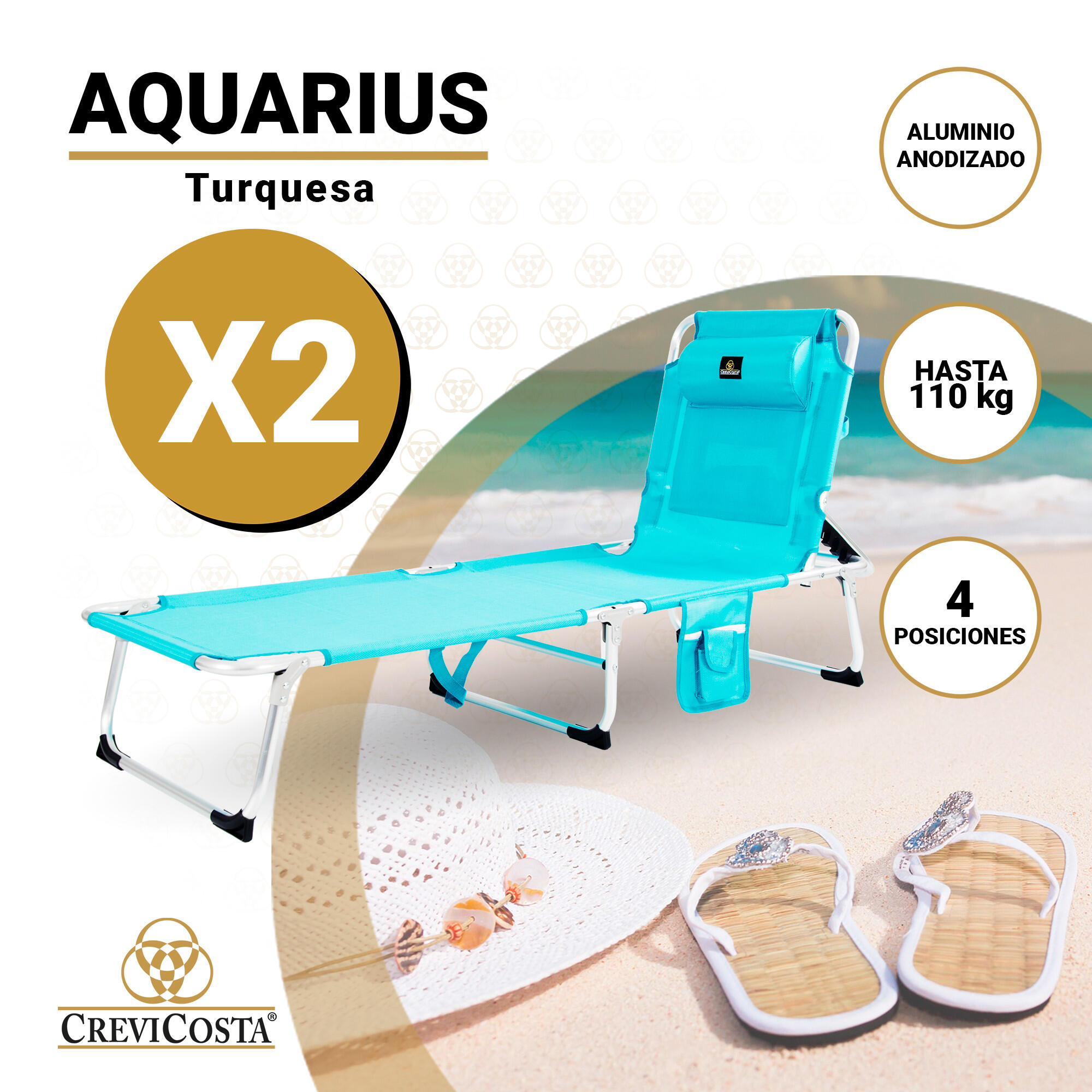 Lote de 2 Tumbonas de Playa 185x57x27 Aquarius - CREVICOSTA. Turquesa 2/7