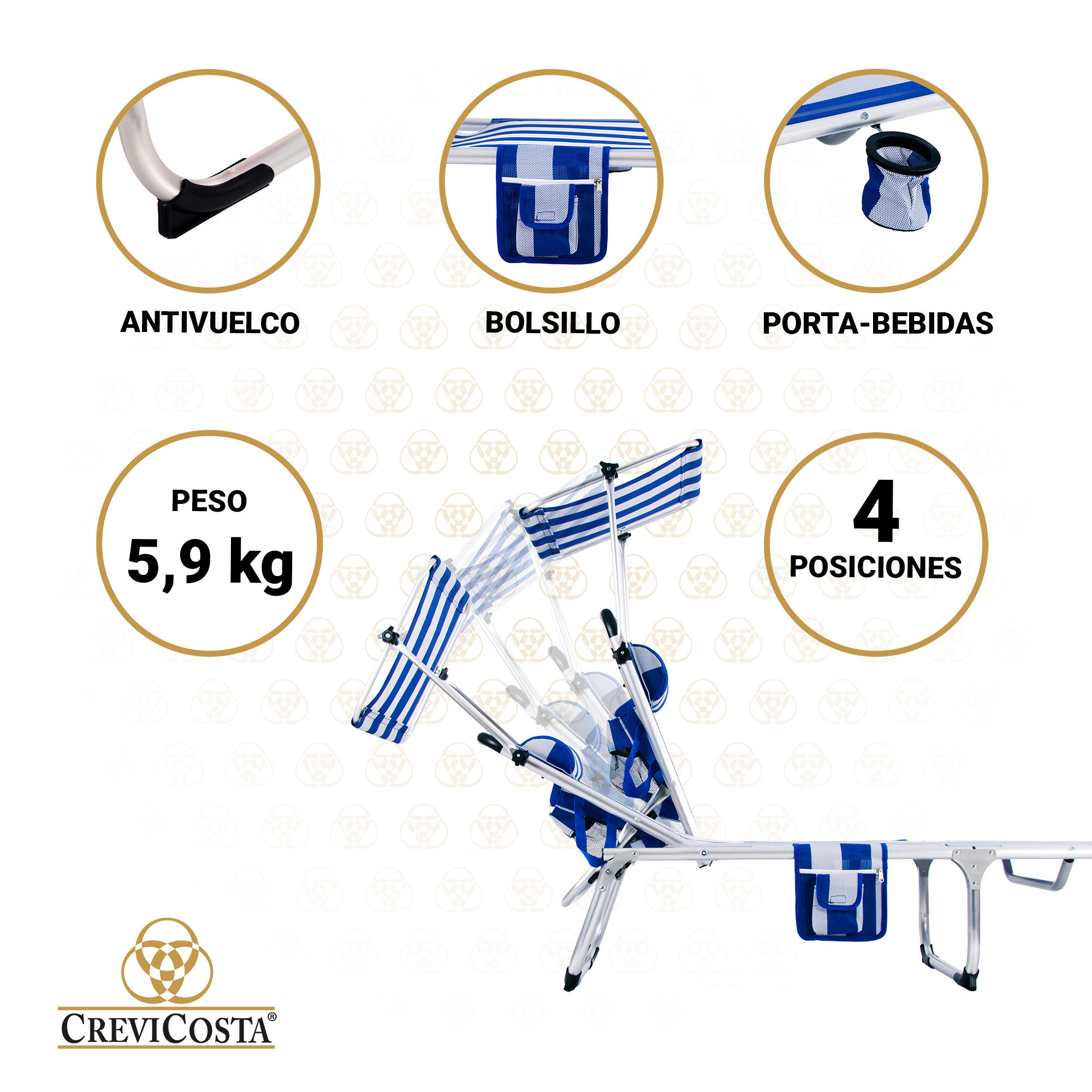 Lote de 2 Tumbonas de Playa 190x60x31 Arena - CREVICOSTA. Marinera 4/7