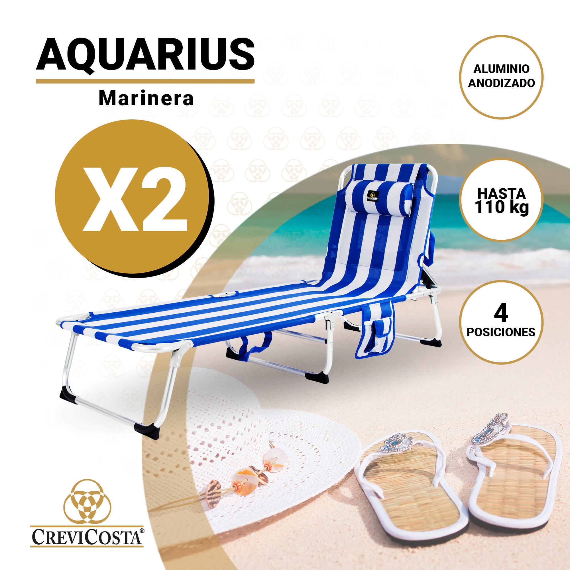 Lote de 2 Tumbonas de Playa 185x57x27 Aquarius - CREVICOSTA. Marinera 2/7