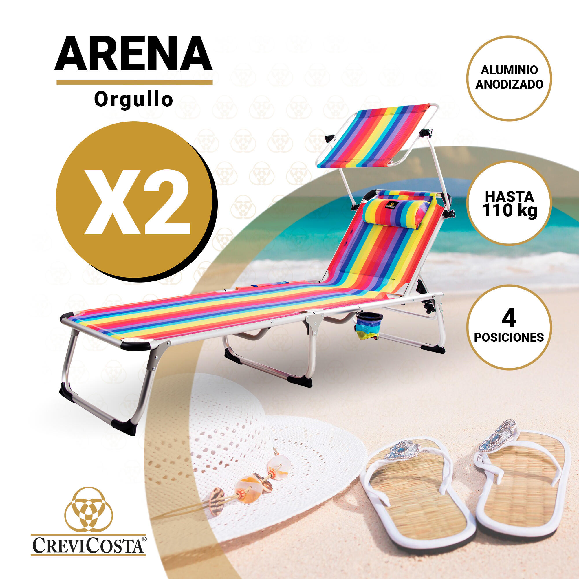 Lote de 2 Tumbonas de Playa 190x60x31 Arena - CREVICOSTA. Orgullo 2/7