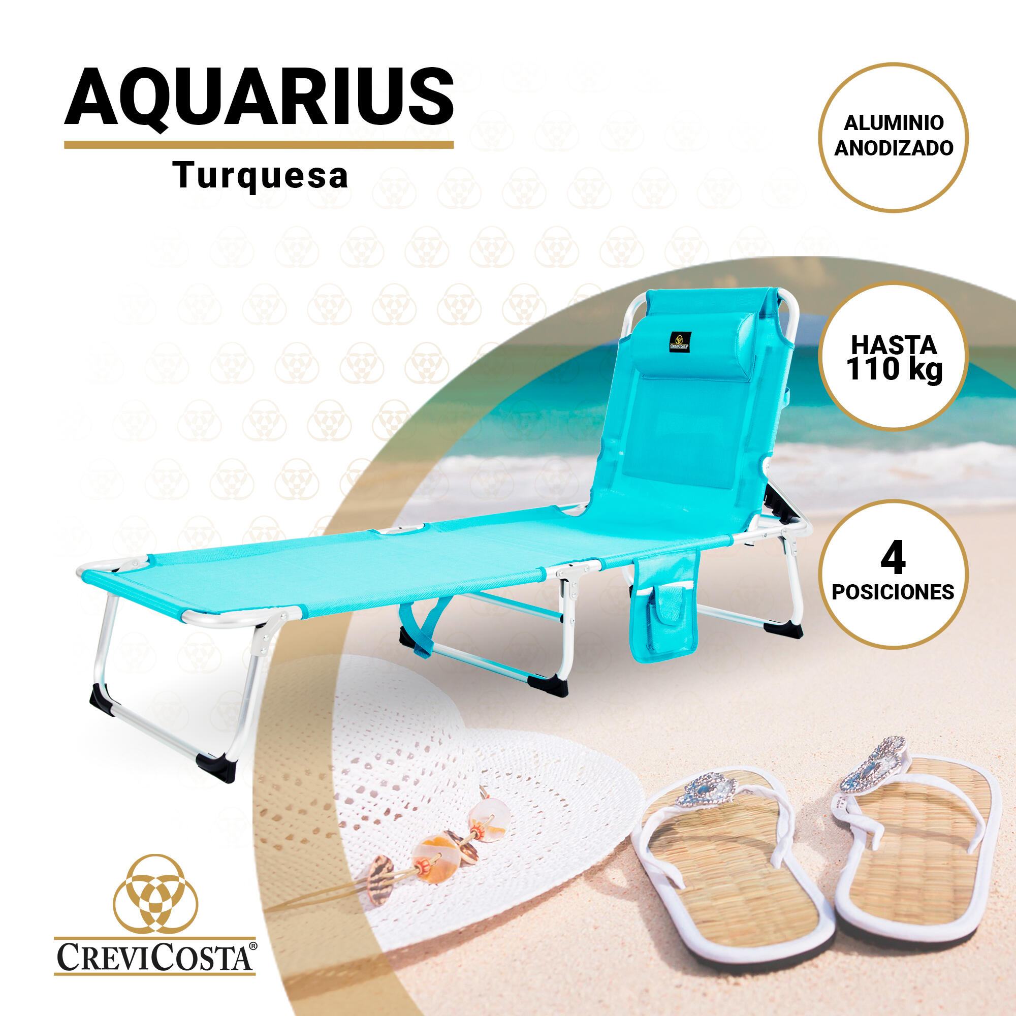 Tumbona de Playa 185x57x27 Aquarius - CREVICOSTA. Turquesa 2/7
