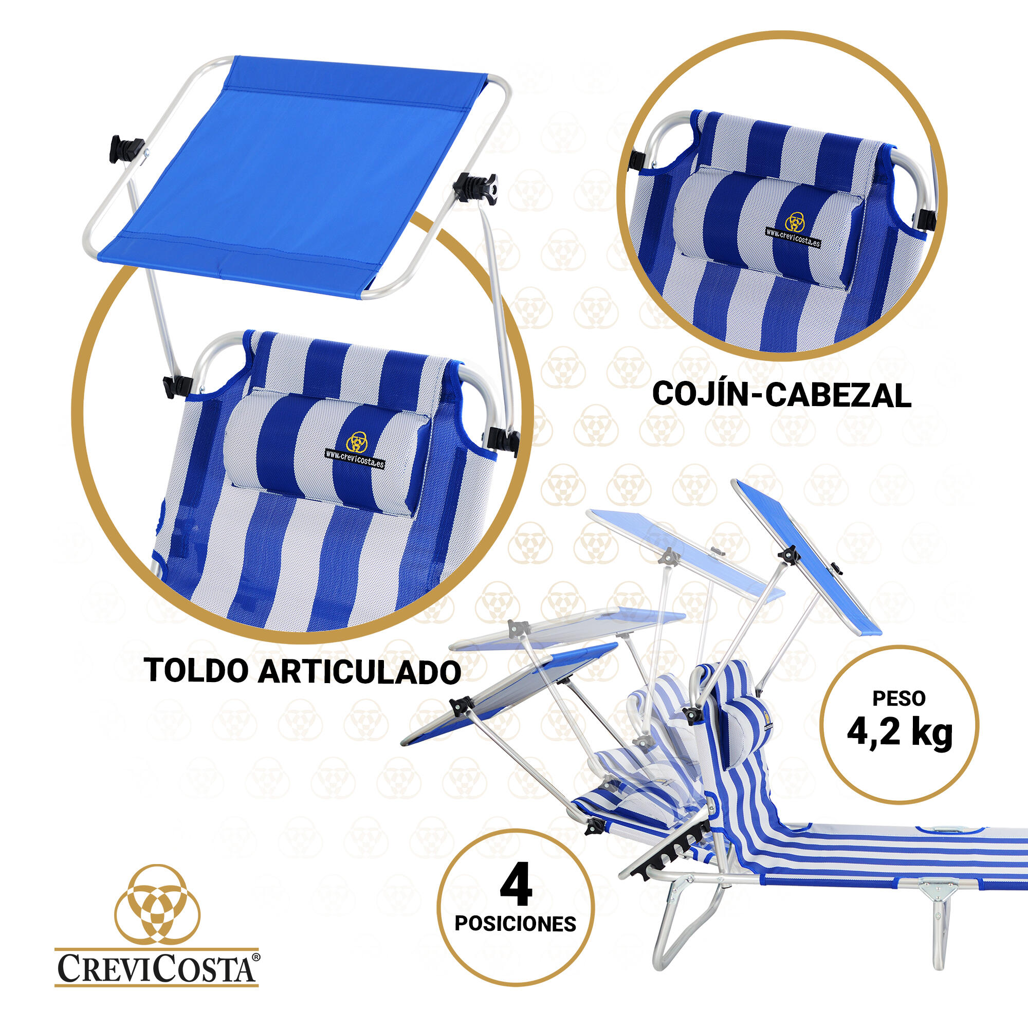 Tumbona de Playa con toldo 195x657x23 Magnesio - CREVICOSTA. Marinera 3/6