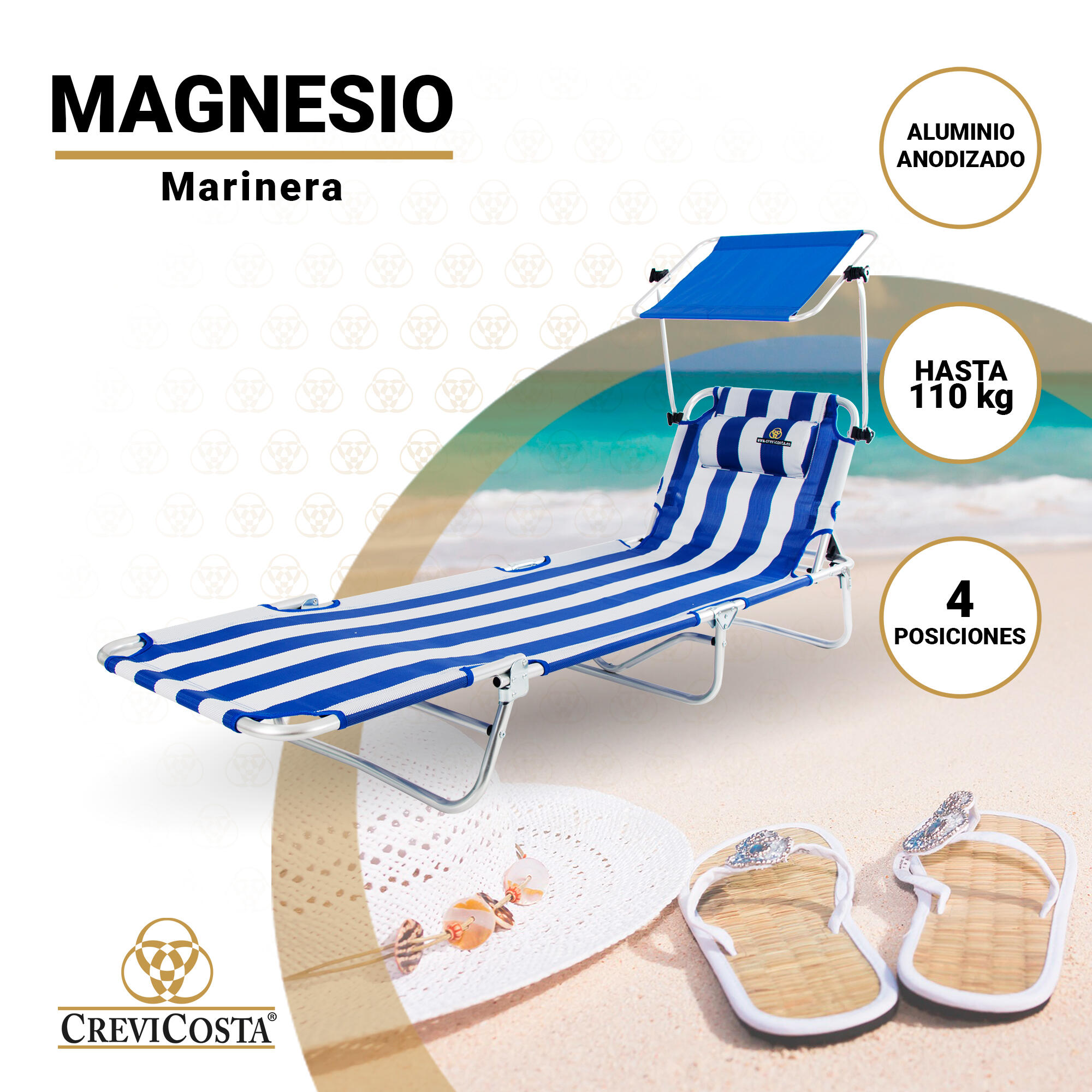 Tumbona de Playa con toldo 195x657x23 Magnesio - CREVICOSTA. Marinera 2/6
