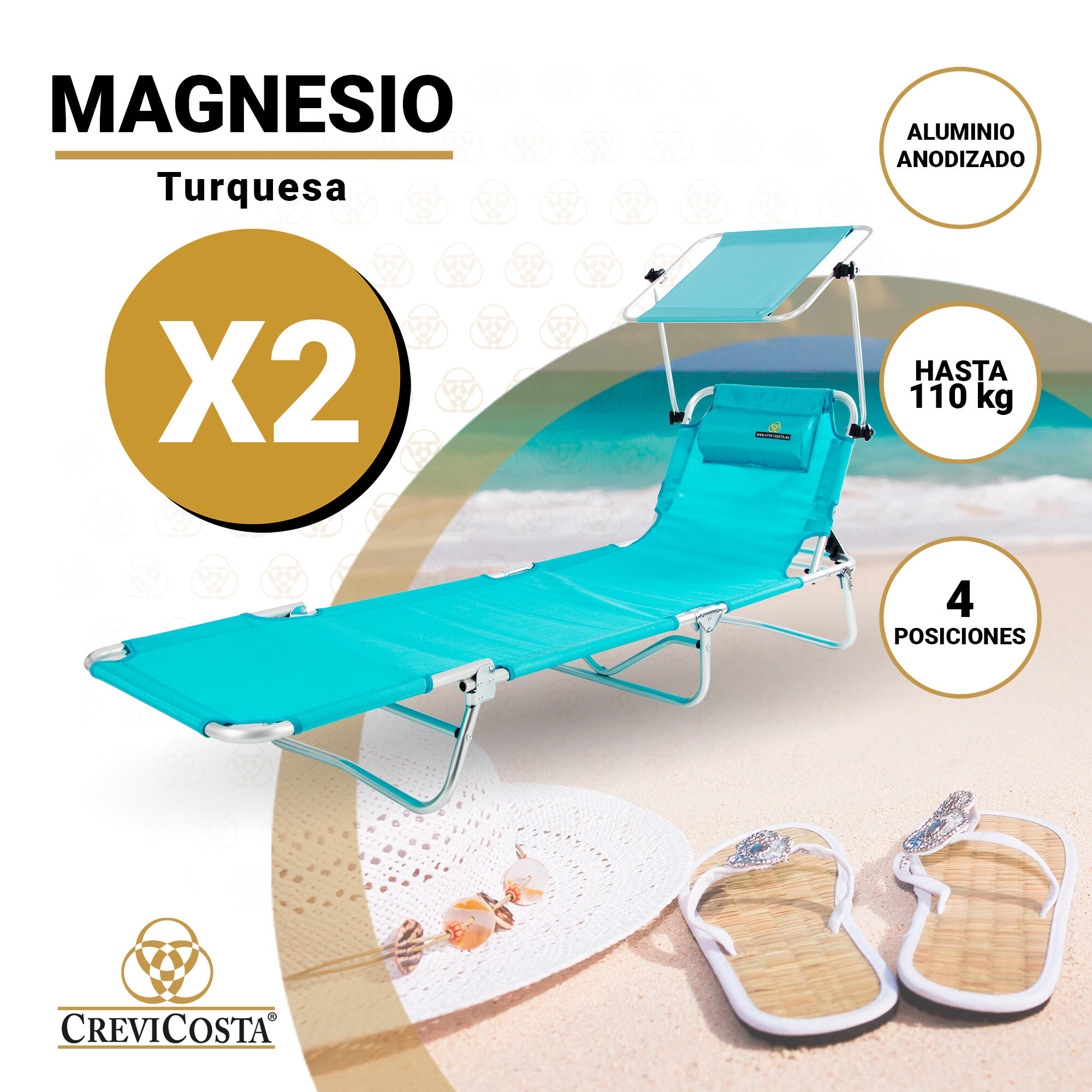 Lote de 2 Tumbonas de Playa con toldo MAGNESIO - CREVICOSTA. Turquesa 2/6