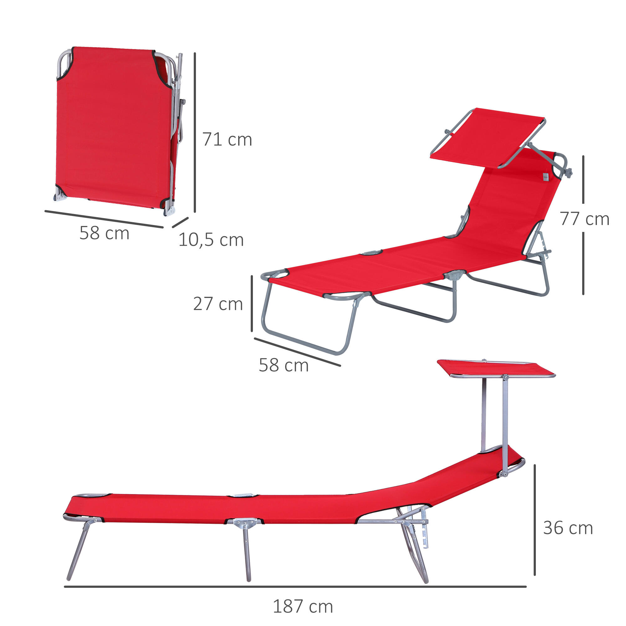 Espreguiçadeira dobrável 187x58x36 cm vermelho Outsunny 3/7