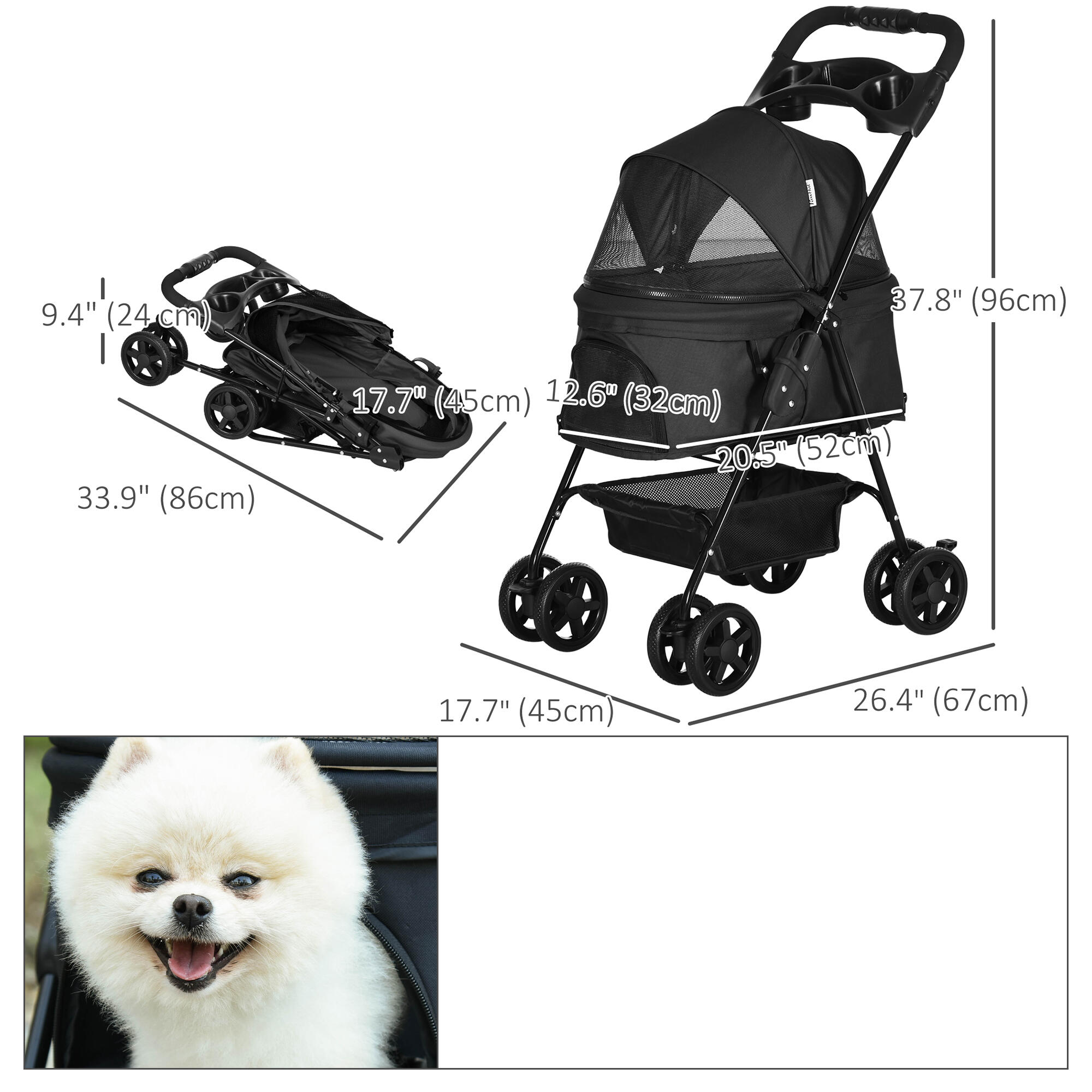 Carrinho para cães 67x45x96 cm preto PawHut 3/7