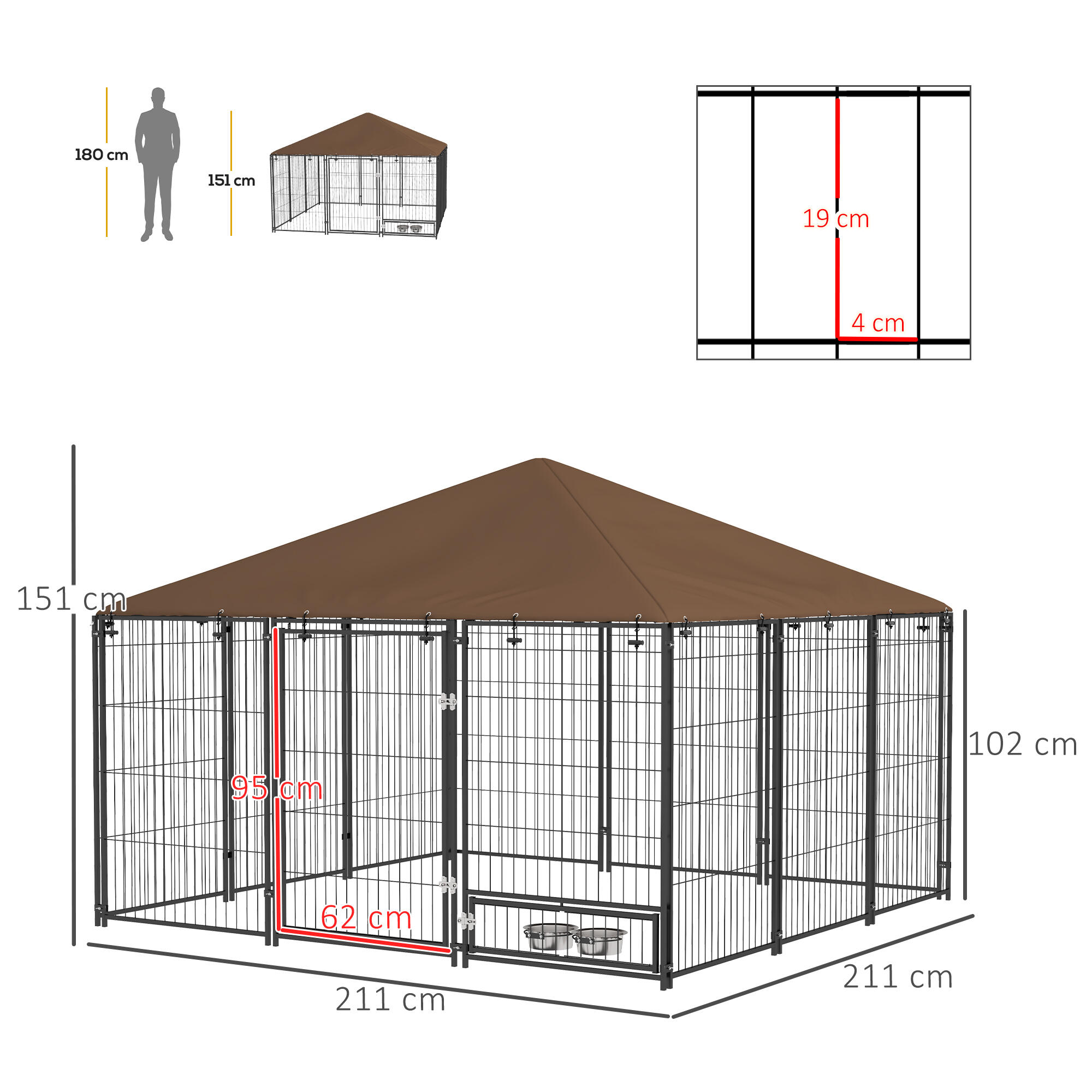 Parque para cães 211x211x151 cm preto e marrom PawHut 3/7